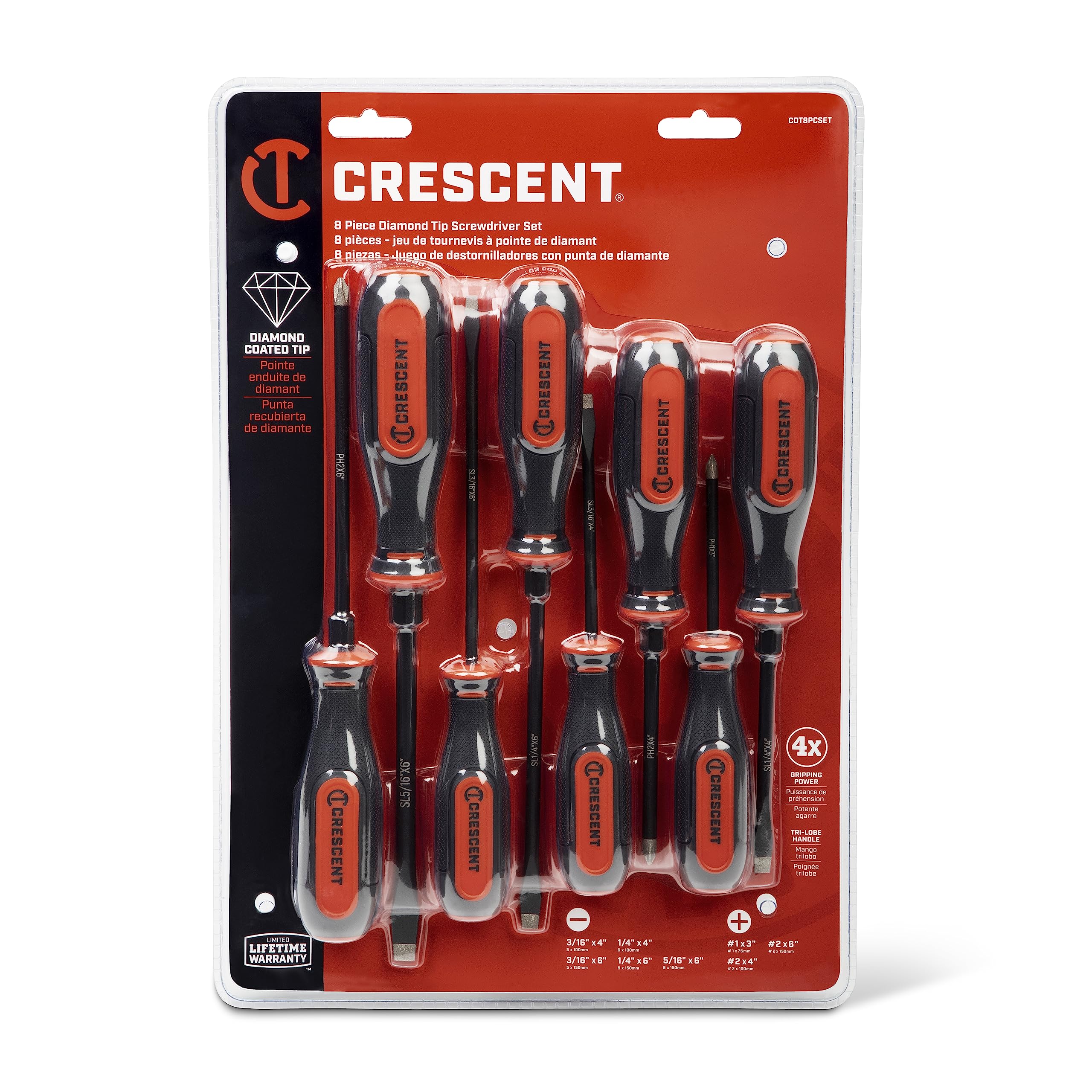 8PC Crescent Diamond Tip Dual Material Screwdriver Set with Phillips and Slotted Screwdrivers - CDT8PCSET