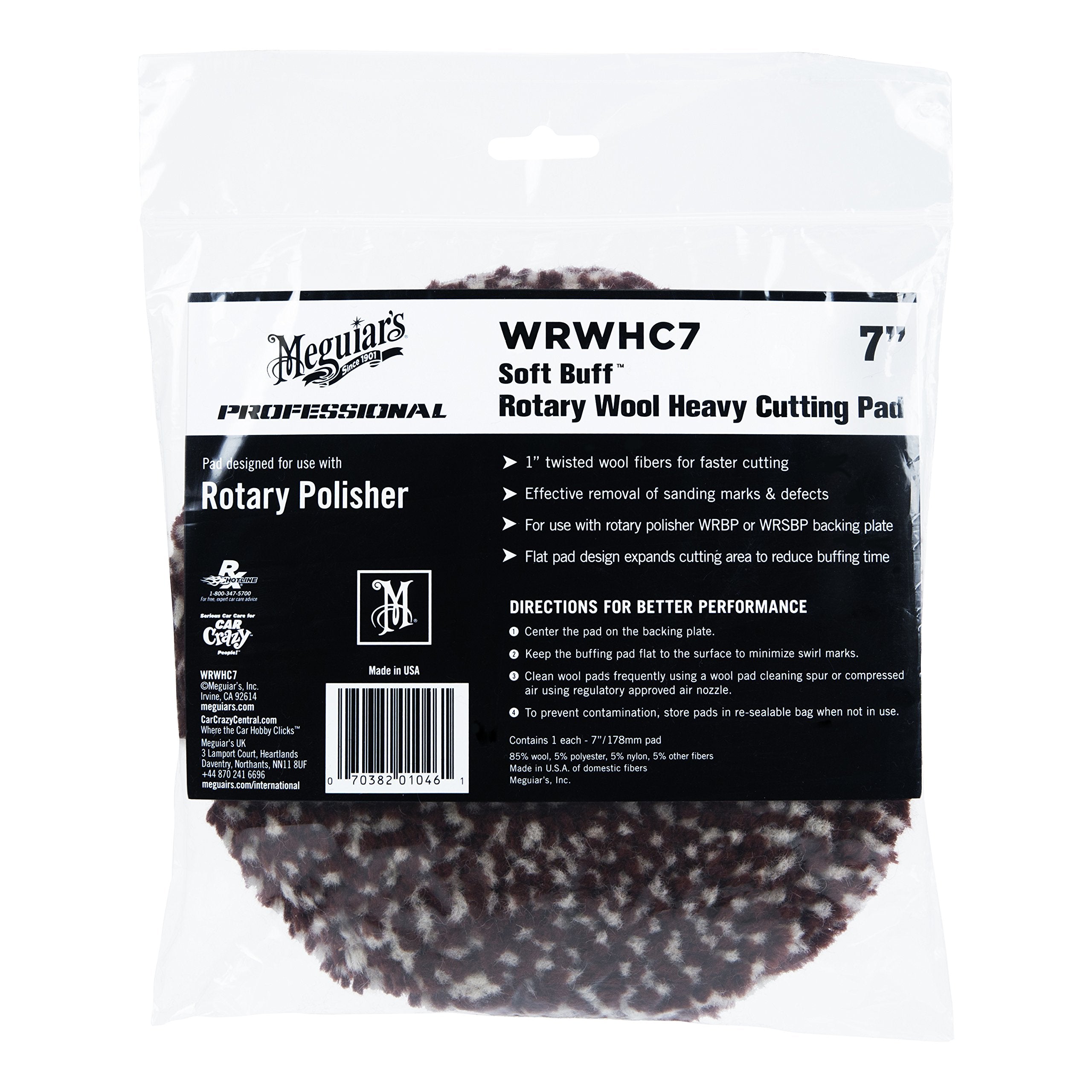 Meguiar's Heavy Cutting Wool Pad 7" Soft Buff Rotary WRWHC7 - Professional Heavy Cutting Pad for Premium Car Detailing, Car Buffing Pad for Use with a Rotary Buffer and Heavy Compound