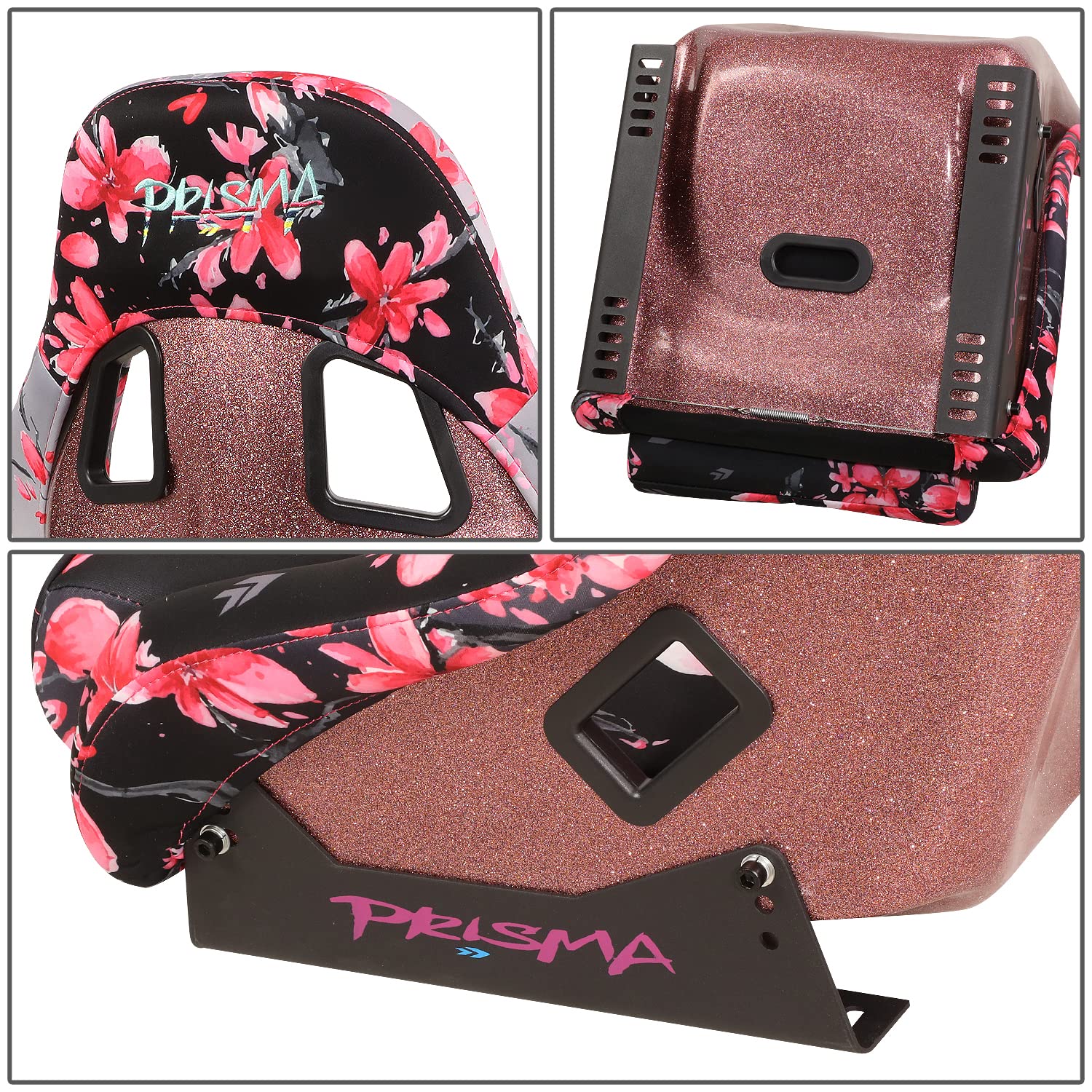 NRG Innovations Prisma FRP-303-SAKURA Fixed Back Bucket Racing Seat with Bottom Mount Bracket,Ombre Sakura Print/Pink Sparkled Paint Back