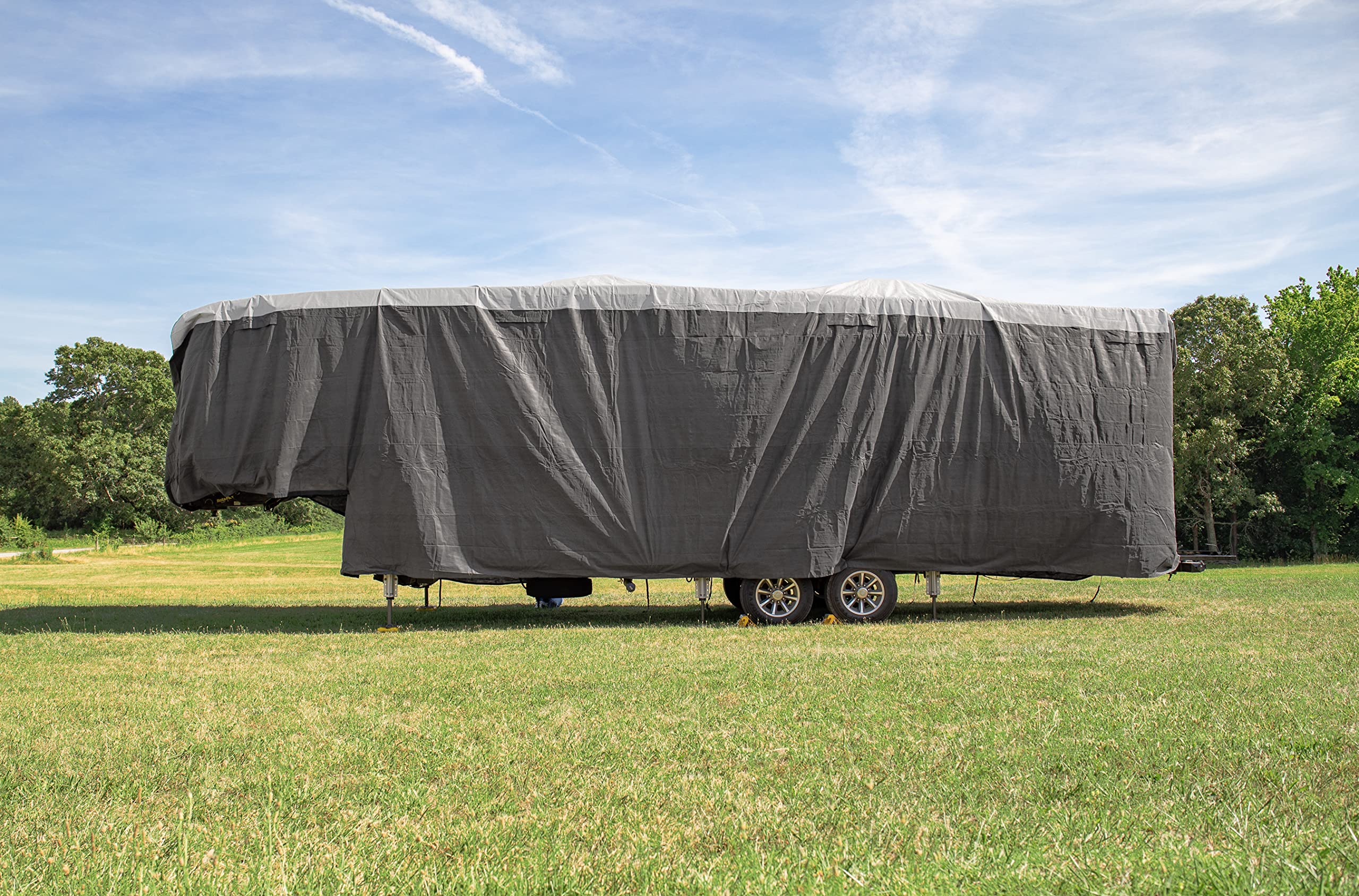 ULTRAGuard Camco 32 to 34-Ft Fifth Wheel RV Cover - Features Zipper Entry Doors & Covered Air Vents - Crafted of Spunbond Polypropylene - Storage Bag for RV Storage & Organization (45755)