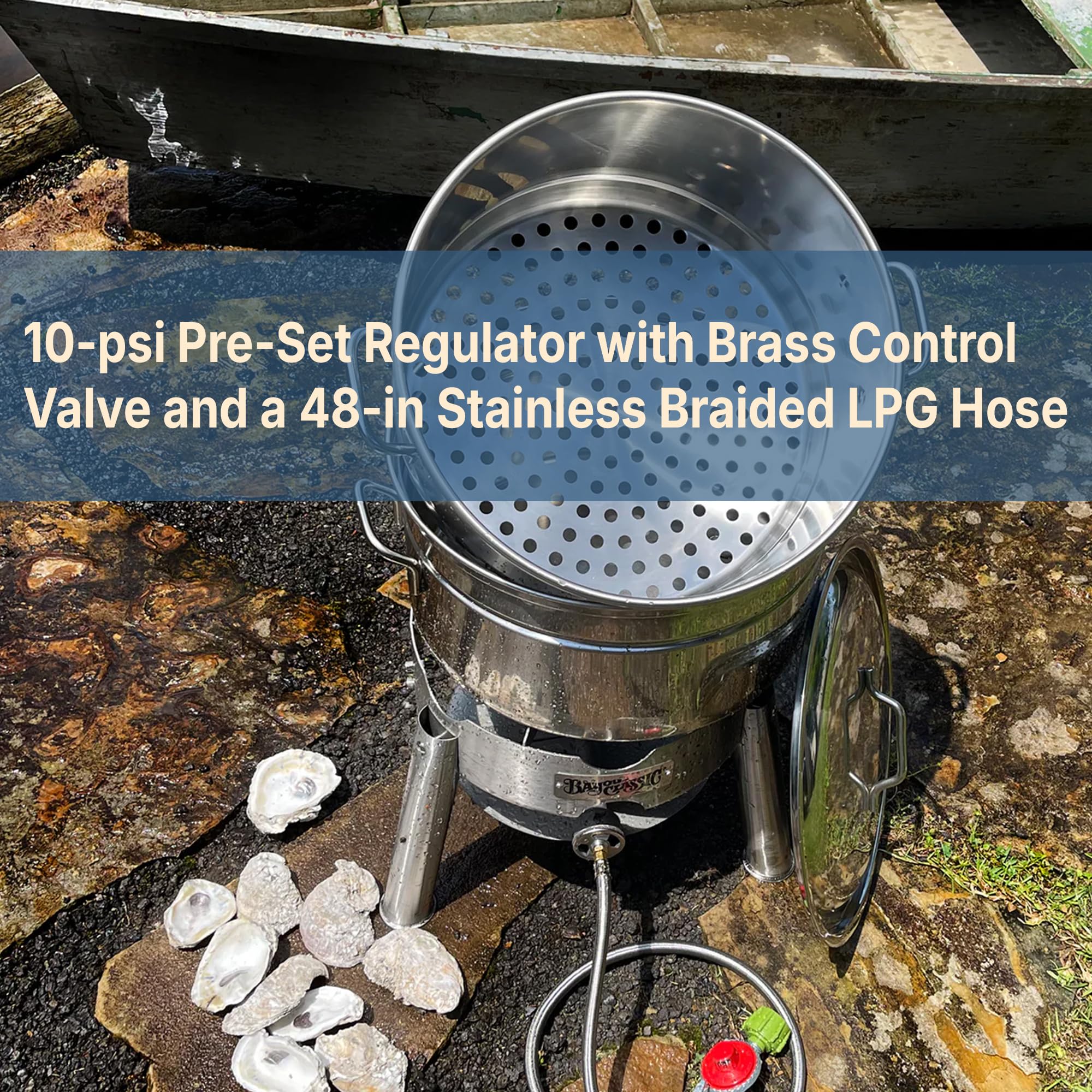 Bayou Classic KDS-151 Steamer Kit Stainless Features Heavy Welded Loop Handles 4-in Cast Aluminum Burner 10-psi Regulator w/ 48-in Hose Perfect For Steaming Up To A Half Bushel of Seafood