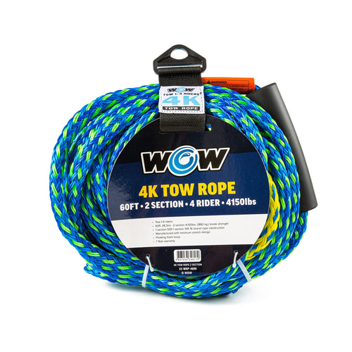 WOW Sports Towing Rope for Wakesurf, Water Ski and Wakeboard, 4-Rider 4K Tow Rope with 2 Sections, 60'
