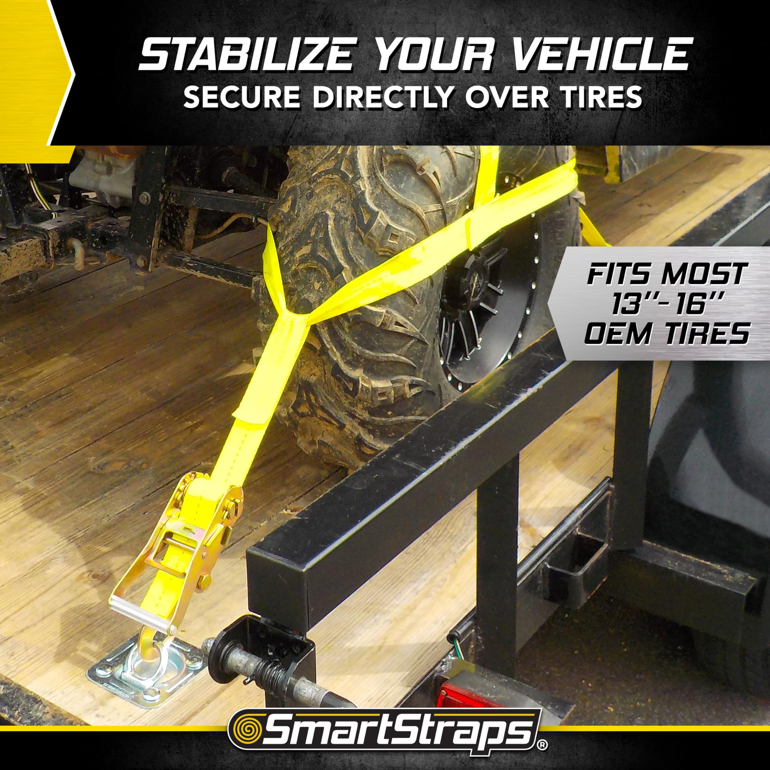 Tire Bonnet Ratchet Straps SmartStraps — Commercial Duty Tire Bonnet Tie Down with Ratchet — 10,000lb Break Strength, 3,333lb Safe Load — Haul Equipment, Tractors and Vehicles, Small, Yellow, 1 Pack