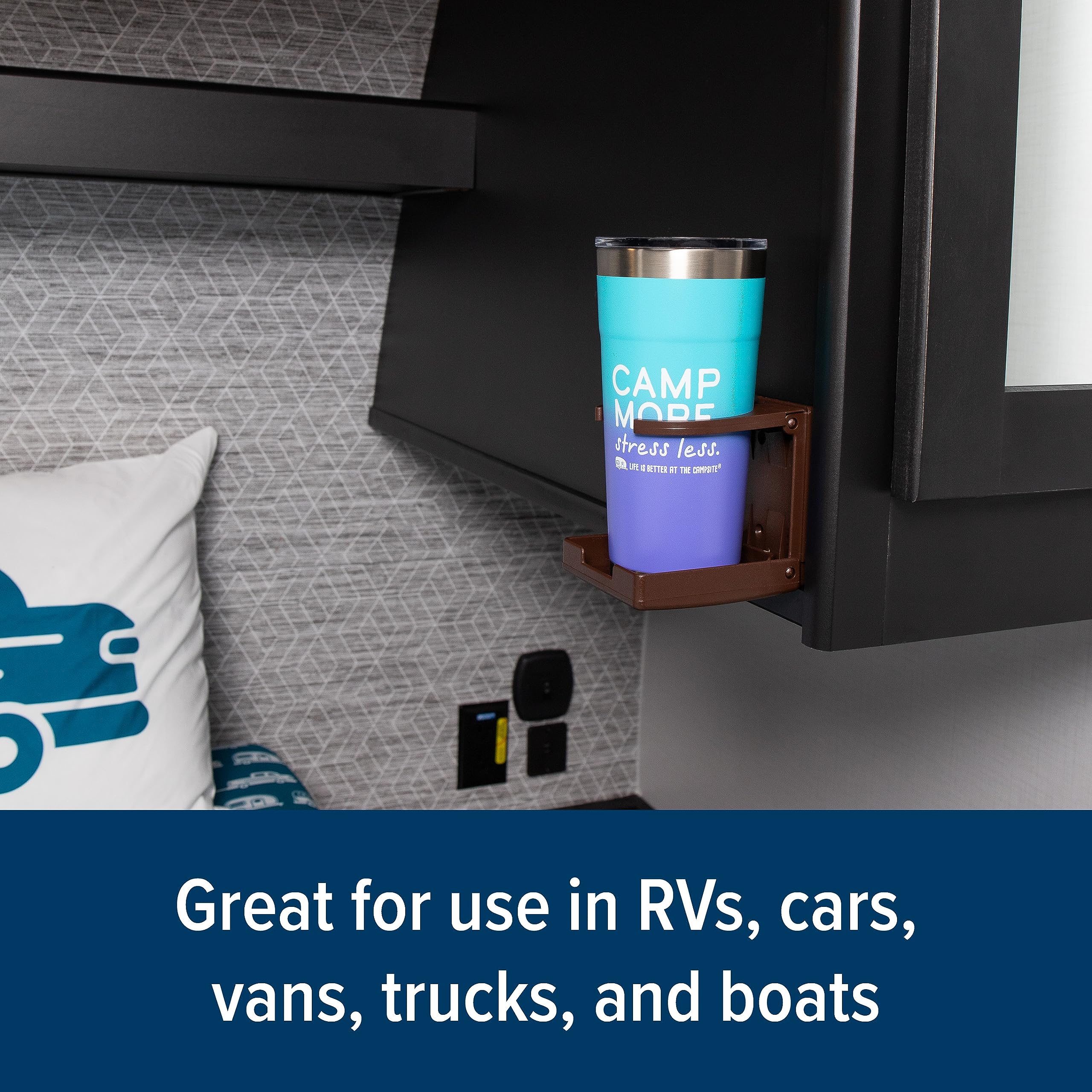 Camco Drink Holder Camper/RV - Features Adjustable Space-Saving Design & Holds Almost Any Size Mug, Cup, Bottle or Can - Extra Cup Holder for Cars, Trucks, RVs, Vans, Boats, and More - Brown (44043)