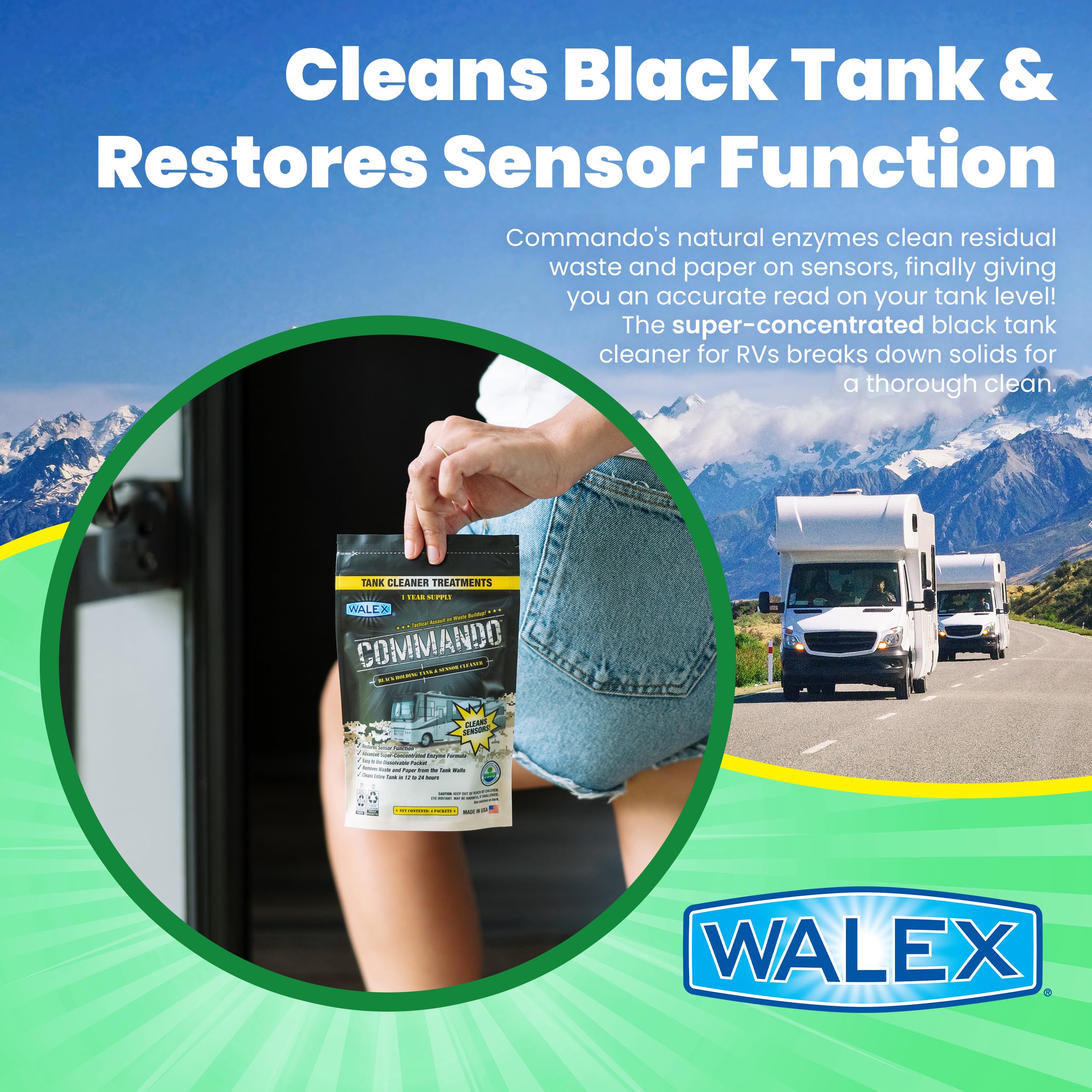 Walex RV Black Holding Tank & Sensor Cleaner Commando - Eliminates Waste & Paper Buildup, Restores Sensor Function, Lubricates Valves & Seals, Advanced Enzyme Formula; Dissolvable Packets, 4 Count