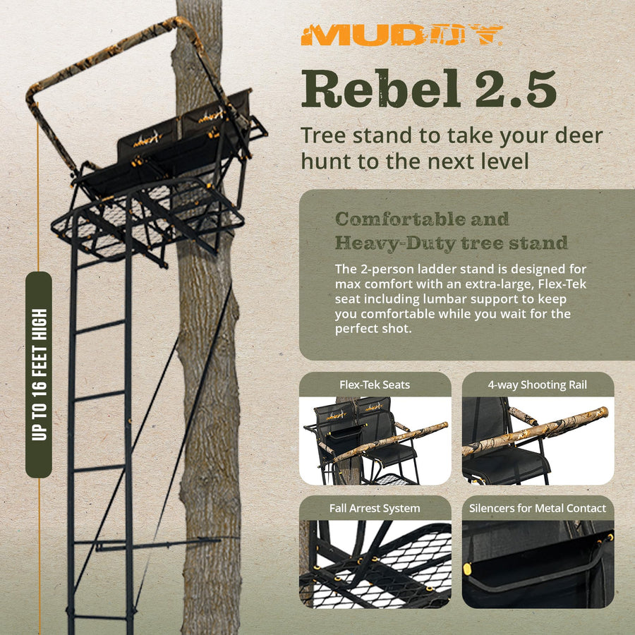 The Rebel MUDDY 2.5 Deer Hunting Ladderstand, 17 Foot 2 Person Climbing Tree Stand with Flex-Tek Seat, Armrests, Shooting Rail, & 45”W X 30”D Platform