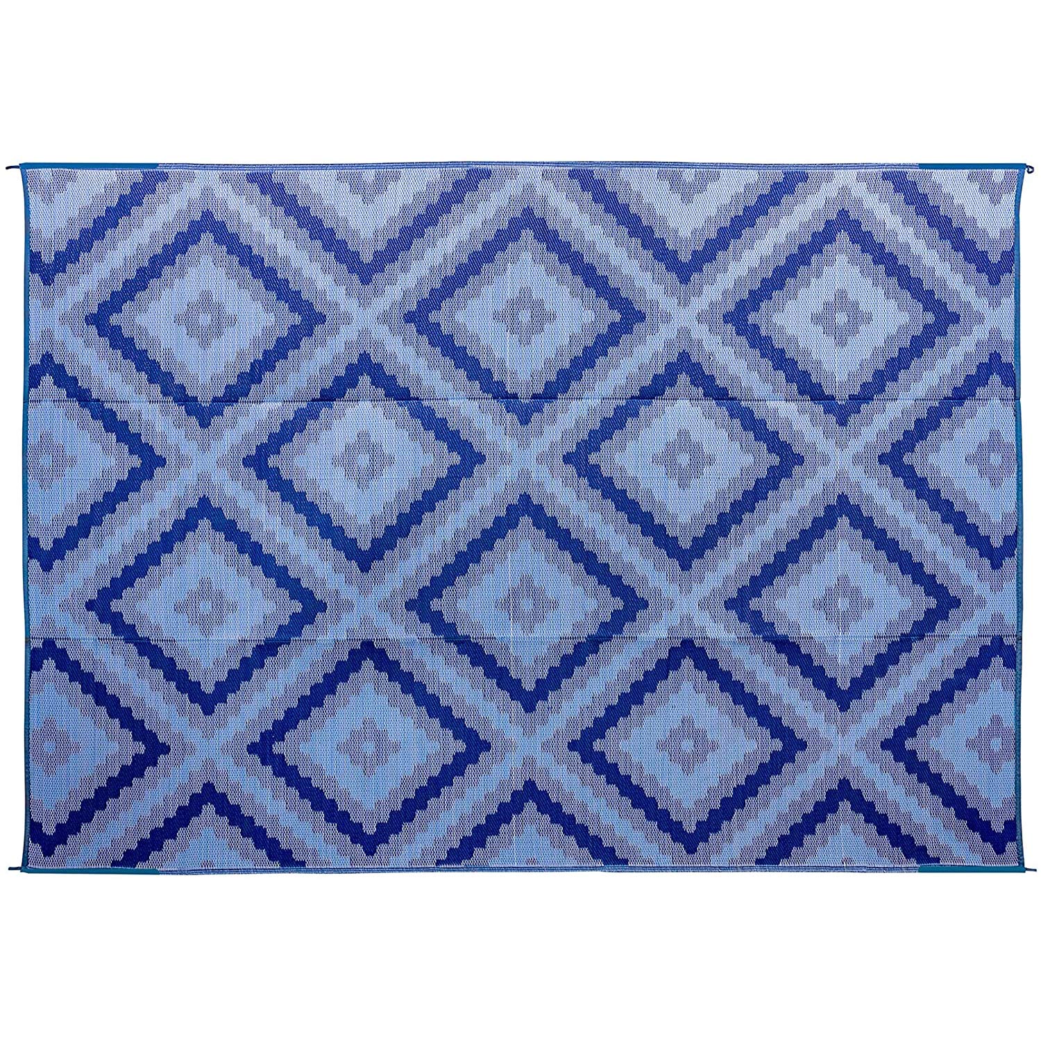 Camco Outdoor Rug | Blue & White Zig Zag Diamond Design Features Reversible | Made of Lightweight Breathable Material | Measures 9’ x 12’ & Folds for RV Storage and Organization (42866)