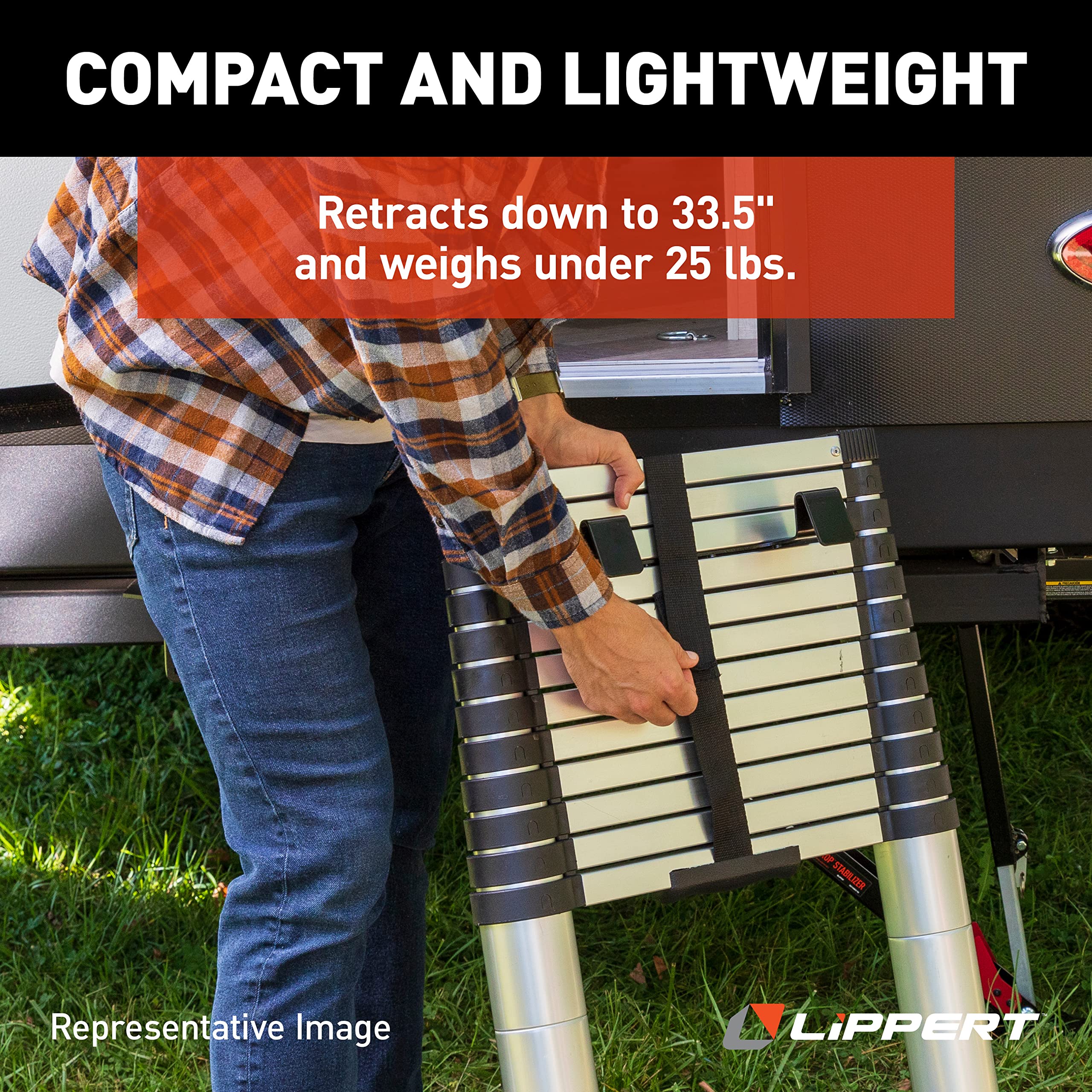 Lippert Portable On-The-Go Telescoping RV Ladder - 14.5' — Enhanced Stability and Safety - Retracts to 35.75" - Sturdy 330 lb. Capacity - Compatible with Lippert Ladder Receiver - 2021126697