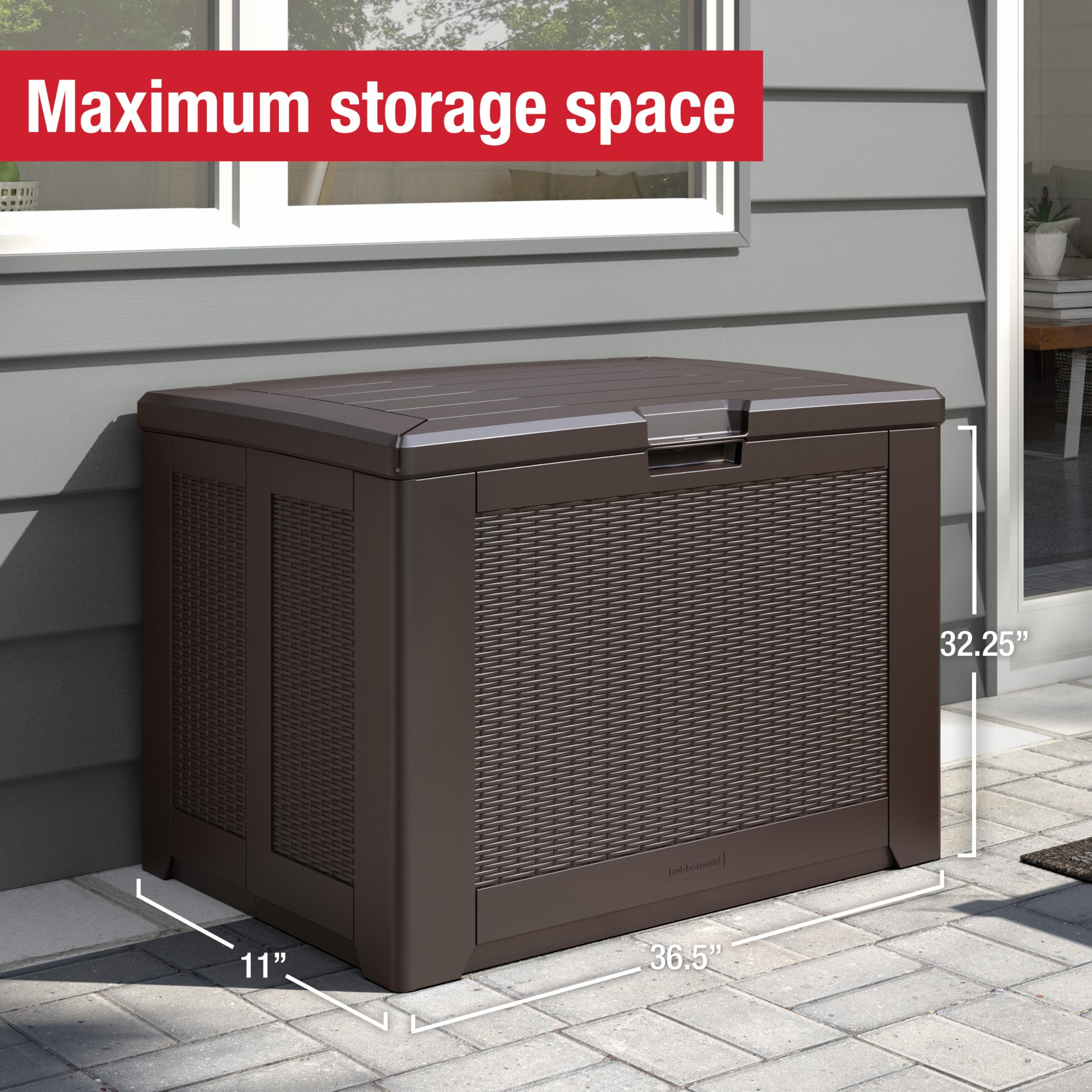 Medium Rubbermaid Resin Outdoor Storage Deck Box (74 Gal) Weather Resistant Brown Deck Organization for Home/Backyard/Pool Chemicals/Toys/Garden Tools/Porch/Patio Cushions