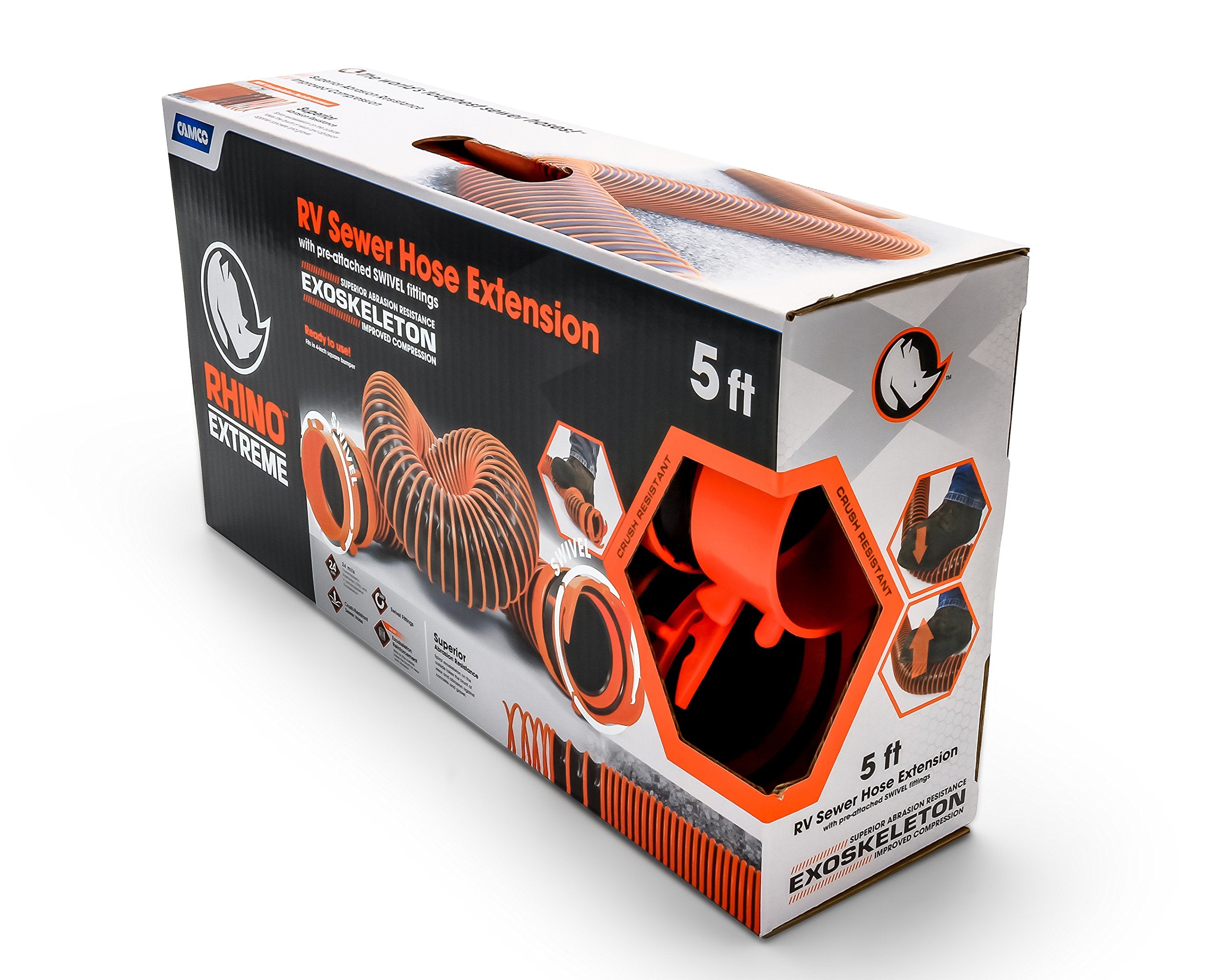 Camco 5-Foot RhinoEXTREME Camper/RV Sewer Hose - Features TPE Technology for Abrasion Resistance and Crush Protection - Includes Pre-Attached Rhino Swivel Fittings (39865)