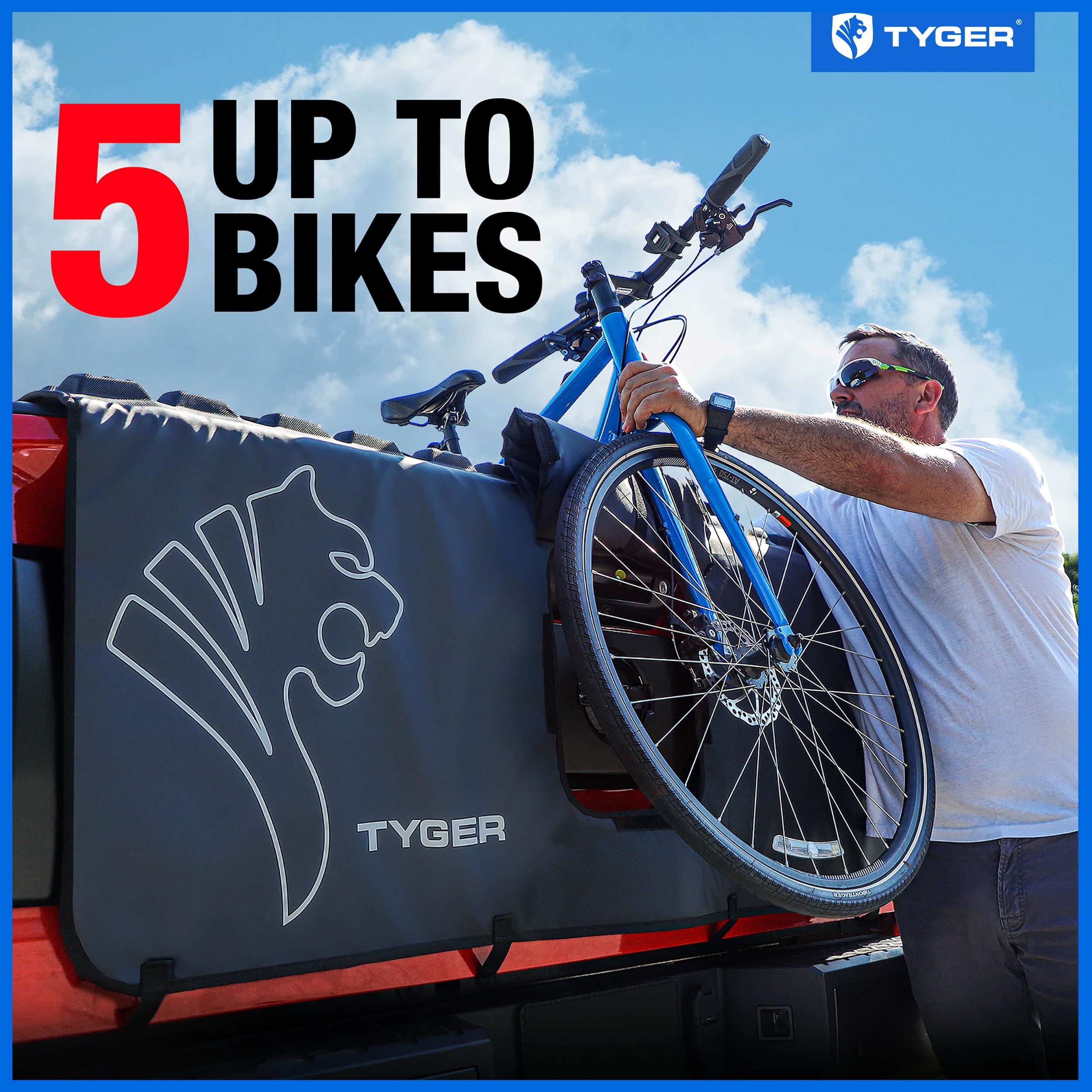Tyger Auto Tailgate Pad Universal Carrier Holds up to 5 Bikes | Medium Size for Mid-Size Pickup Trucks|W 52" x H 20" (See Image for Measure Guide)|Flap for Handle and Rear Camera|TG-TP5U1028 , Black