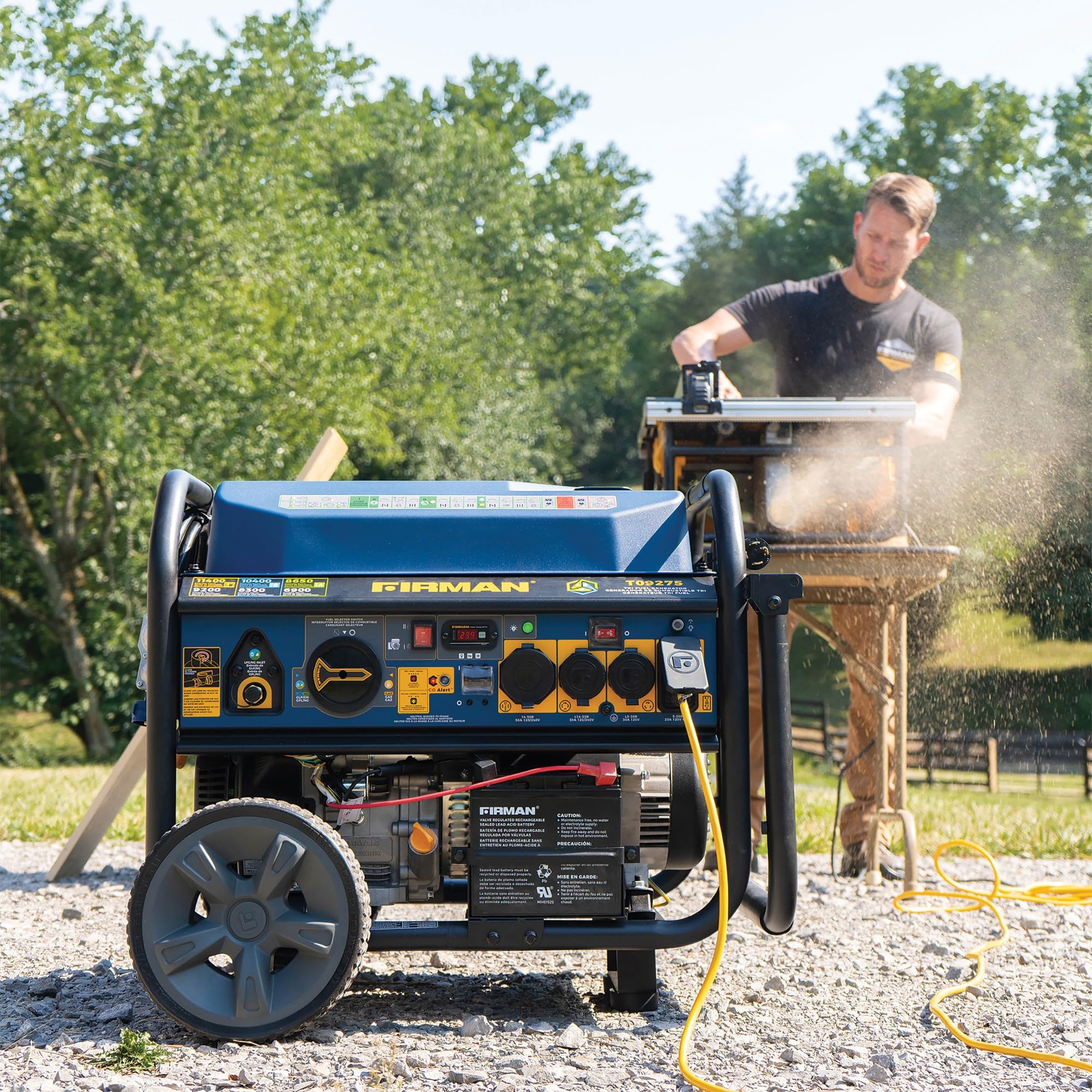 FIRMAN Tri Fuel T09275 Portable Generator, 11400W Electric Start, 120V/240V, CO Alert, 459cc Engine, 9-Gallon Tank, 11 Hrs Runtime, Wheel Kit, Ideal for Home Backup, RV, Camping & Emergency Power