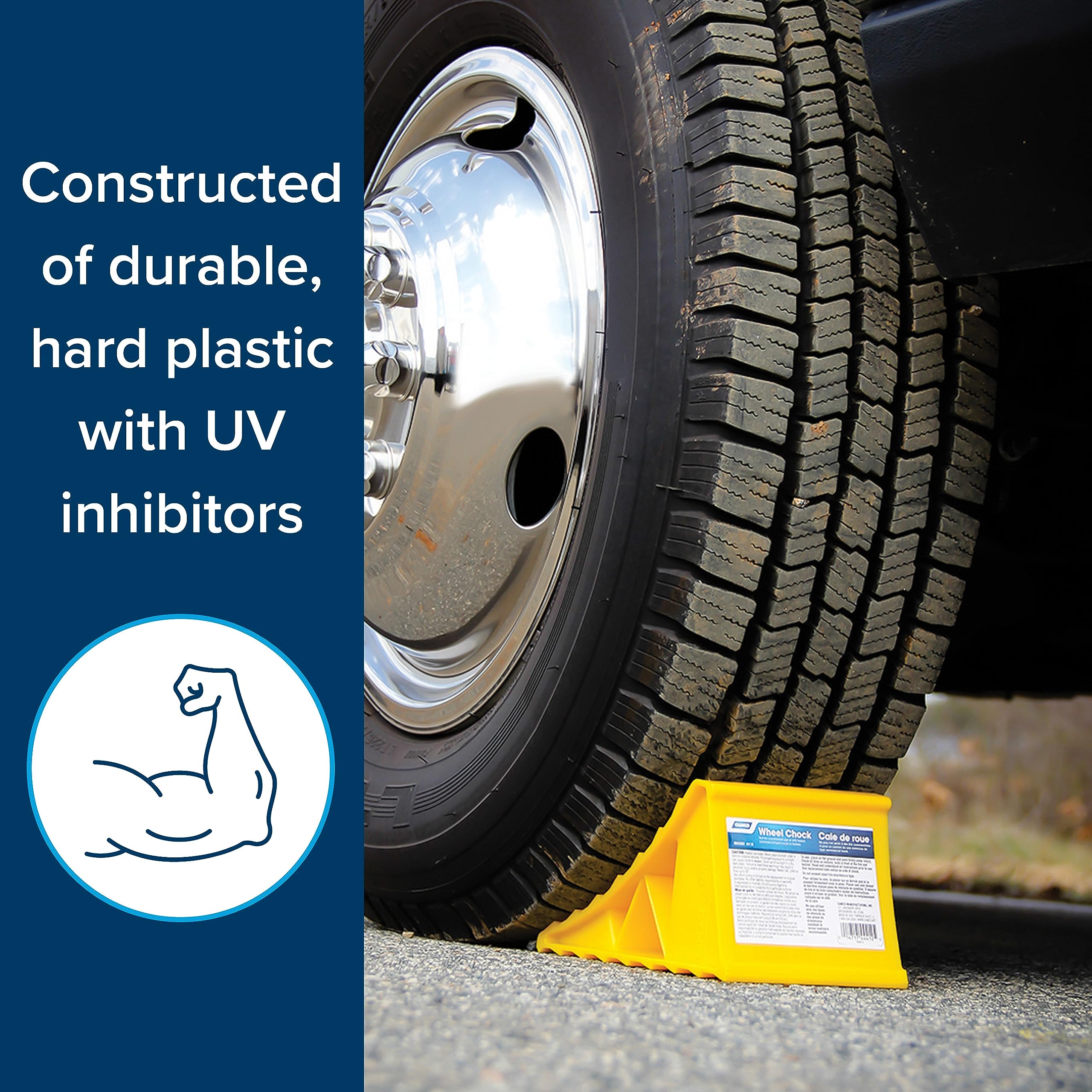Camco Wheel Chock Standard for Trailers & RVs - Heavy Duty Trailer Wheel Chock Constructed of Durable Plastic w/UV inhibitors - for Use w/Tires Up to 26-inches - Re-Hitch in Confidence - 44412