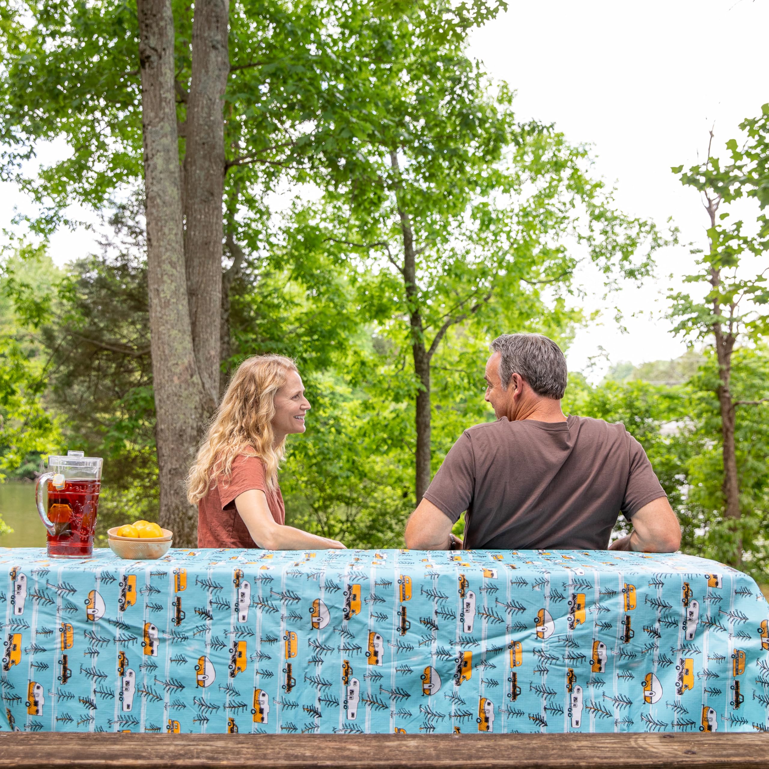 Camco Picnic Table Cover Life is Better at The Campsite with Bench Covers - Provides a Clean Eating Surface for Outdoor Activities - Features an RV and Tree Sketch Design (53380)
