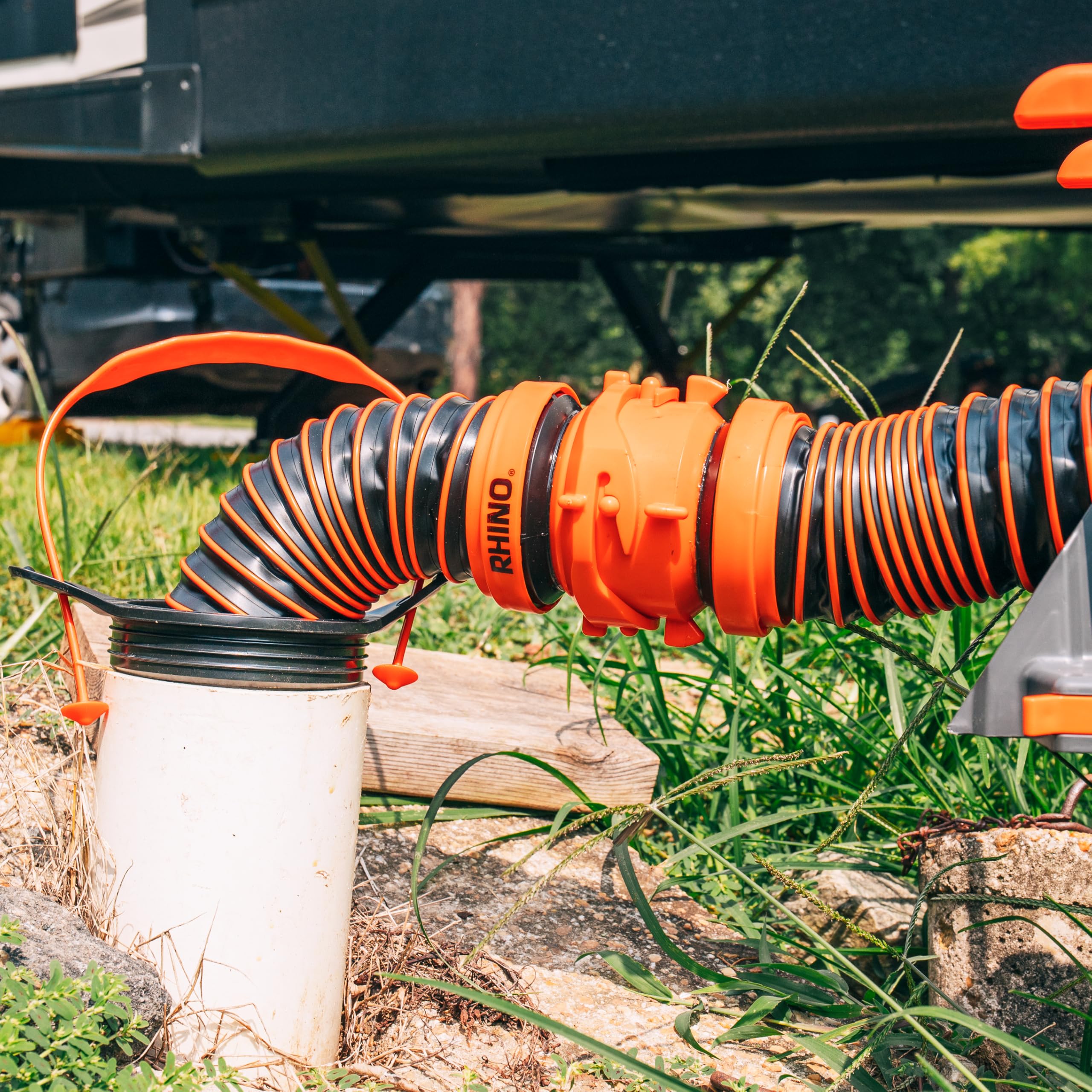 Camco 3-in-1 Flexible RV Sewer Hose Adapter & Drain Seal - Easily Connect Your Camper Sewer Hose to 3, 3 1/2, or 4 inch Inlets Even with Damaged Threads - Features RhinoExtreme Hose and Handle (39319)