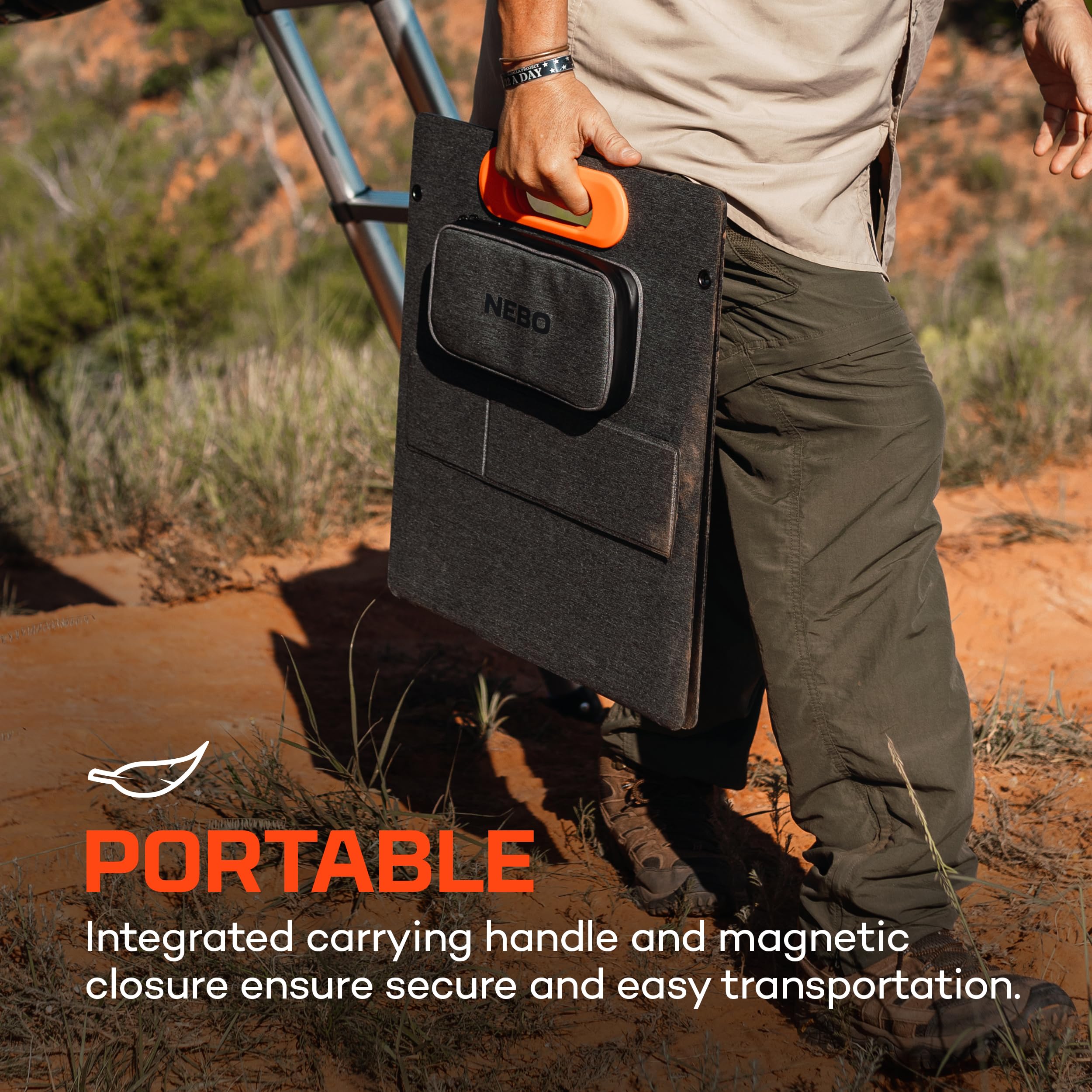 100 Watt NEBO RELIANCE Solar Panel | Foldable, 22% Sunlight to Solar Energy Conversion Rate, Compatible with All Rambler, Pinnacle & Intrepid Portable Power Stations to Keep Multiple Devices Charged