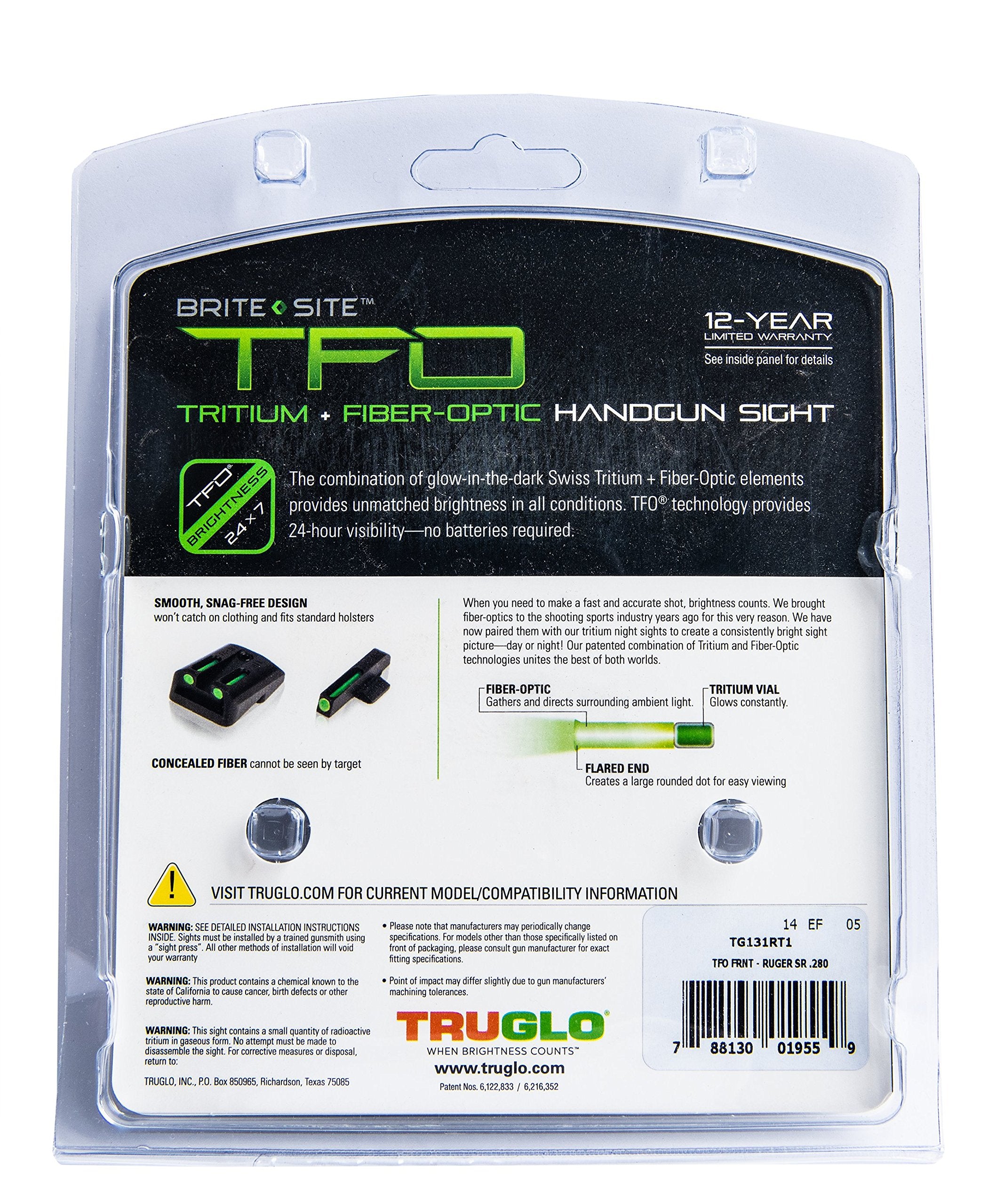 Tritium & Fiber-Optic TRUGLO Handgun Sight | Durable Snag-Resistant Green Front Night Sight, Compatible with Ruger SR9/SR9C, SR40/SR40C, SR45