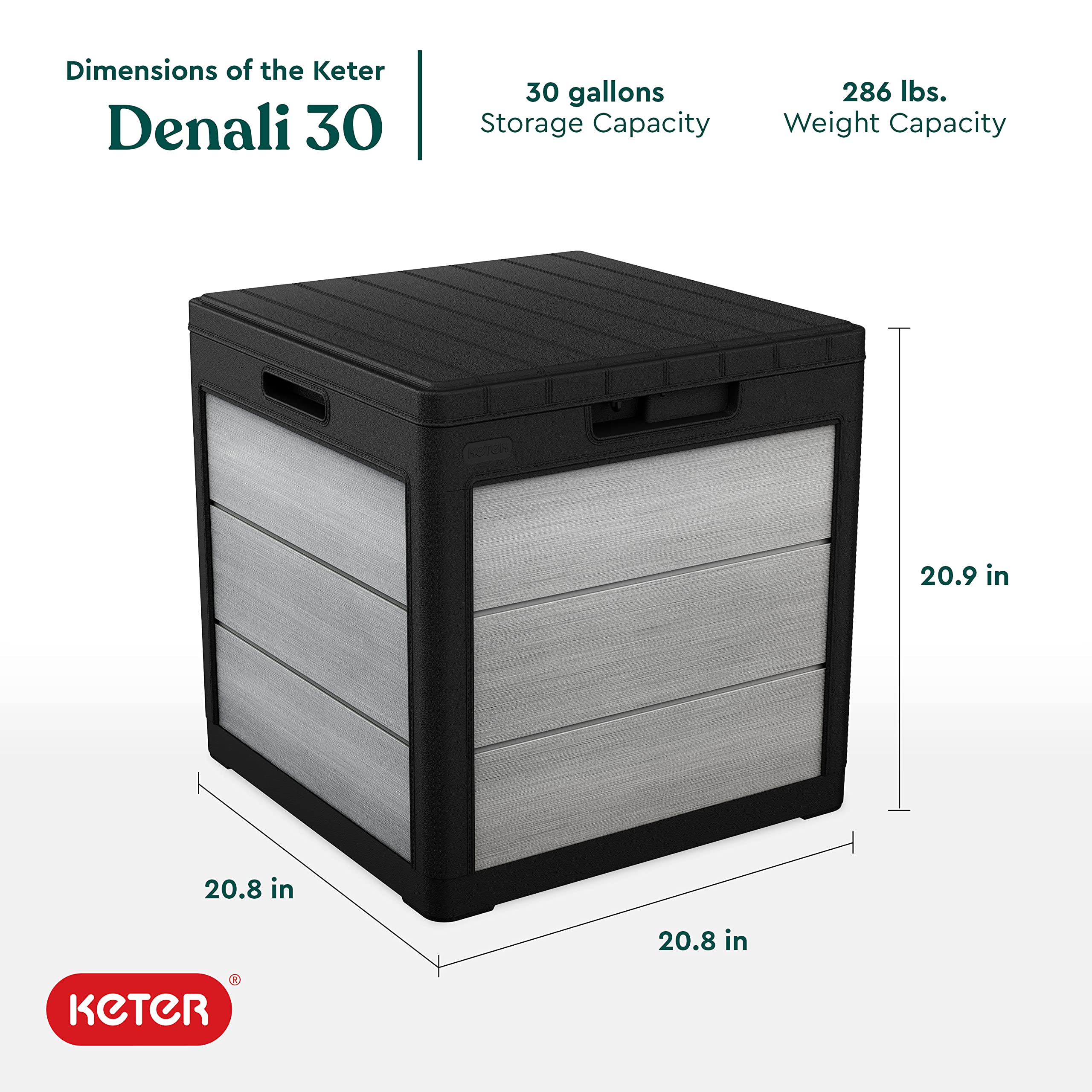 Keter 30 Gallon Denali Resin Outdoor Storage Box and Patio Furniture Side Table for Pool and Garden Accessories, Grey & Black