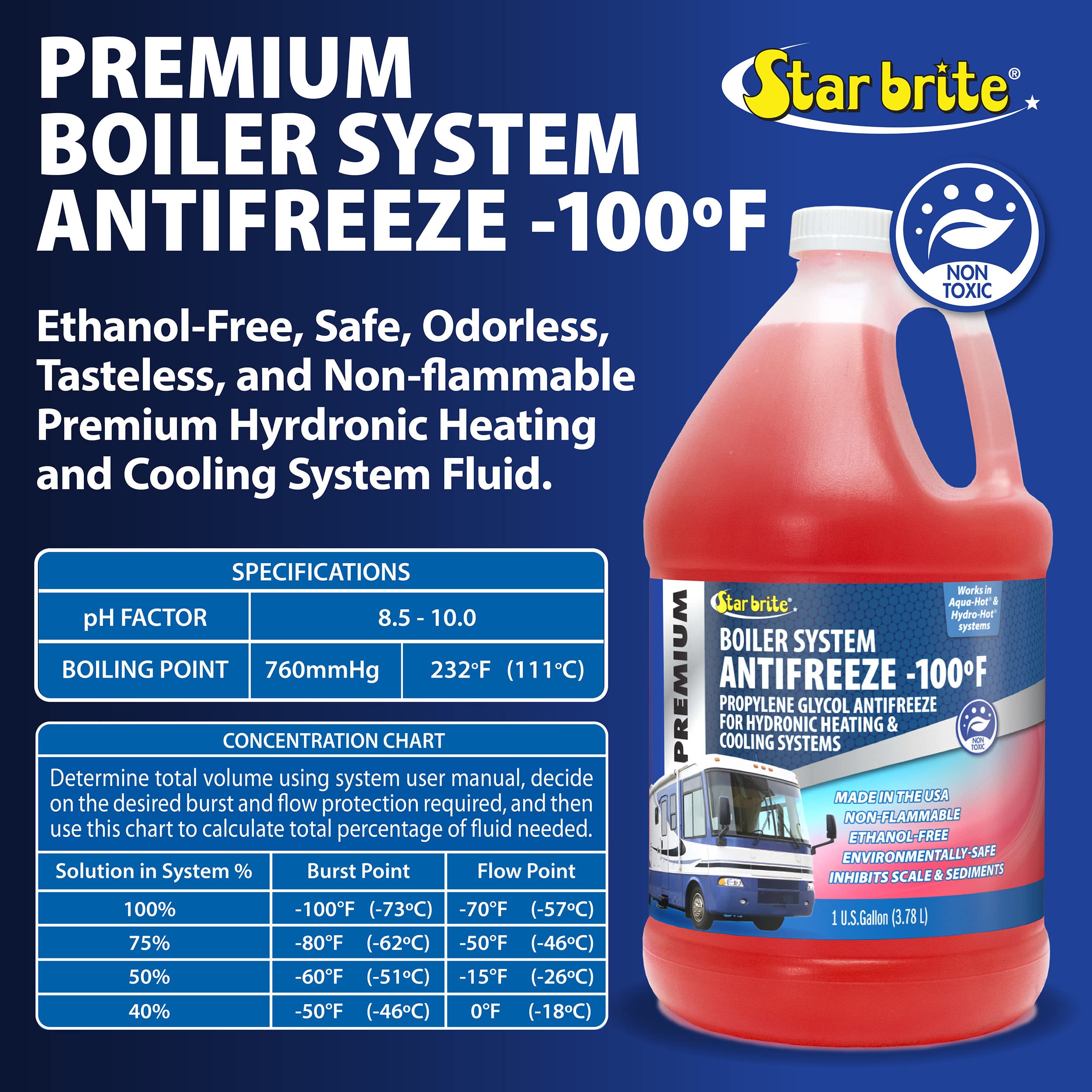 Boiler System Antifreeze - STAR BRITE Premium -100° Propylene Glycol Heating & Cooling Fluid - Made in USA - 1 Gallon (032700)