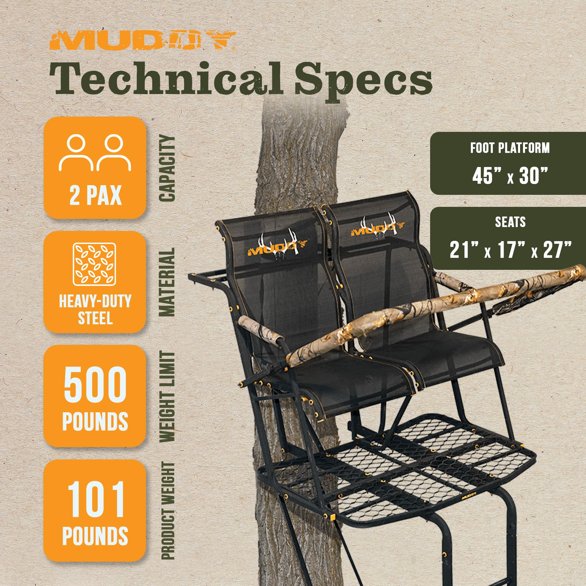 The Rebel MUDDY 2.5 Deer Hunting Ladderstand, 17 Foot 2 Person Climbing Tree Stand with Flex-Tek Seat, Armrests, Shooting Rail, & 45”W X 30”D Platform