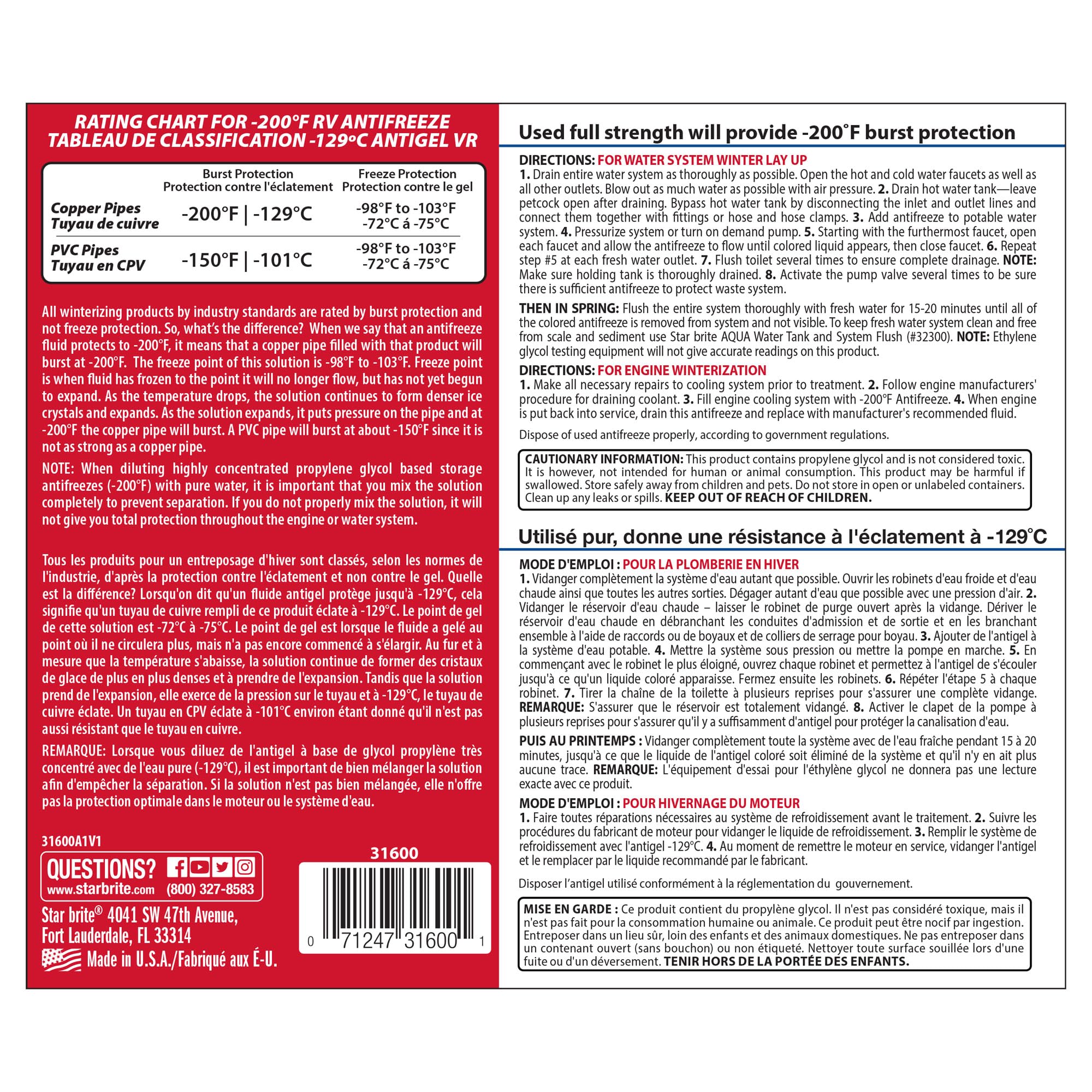 Non-Toxic STAR BRITE Premium -200°F Antifreeze for RV, Marine & Water Systems, Propylene Glycol Formula with Corrosion Inhibitors, Ready-to-Use Cold Weather Protection