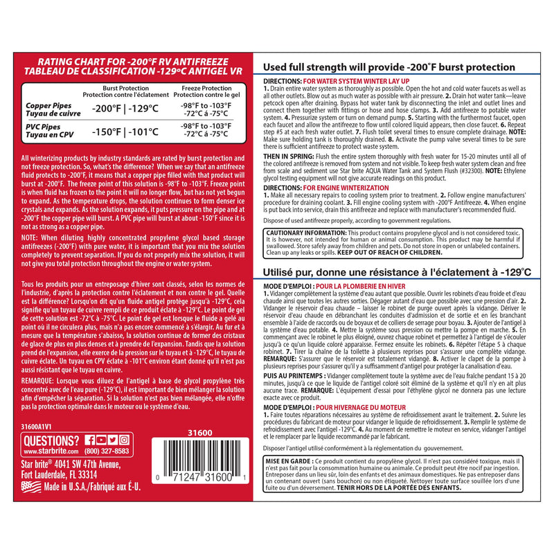 Non-Toxic STAR BRITE Premium -200°F Antifreeze for RV, Marine & Water Systems, Propylene Glycol Formula with Corrosion Inhibitors, Ready-to-Use Cold Weather Protection