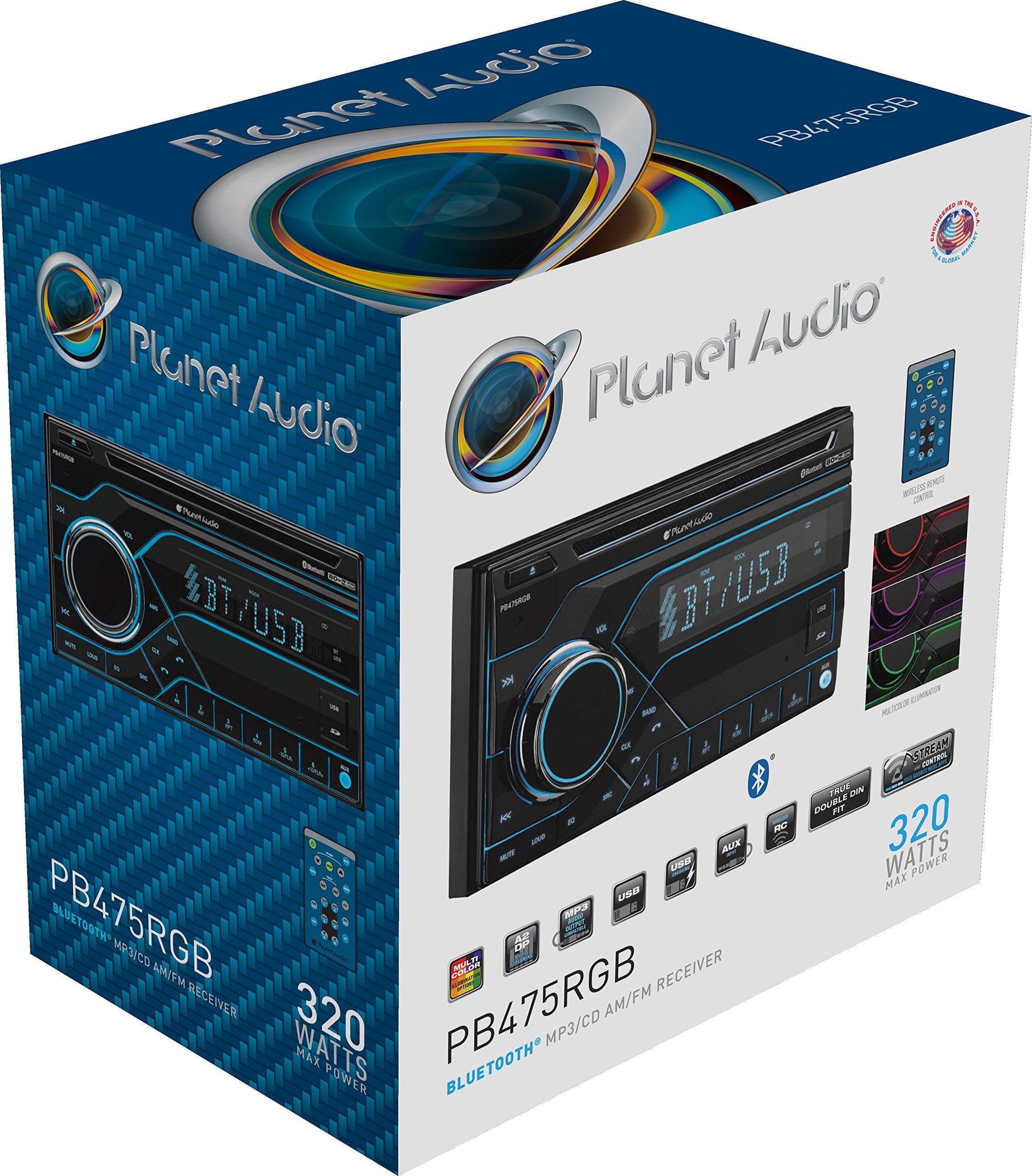 Car Stereo Planet Audio PB475RGB - Double Din, Bluetooth, CD/MP3/USB AM/FM Radio, Multi Color RGB Illumination, Wireless Remote