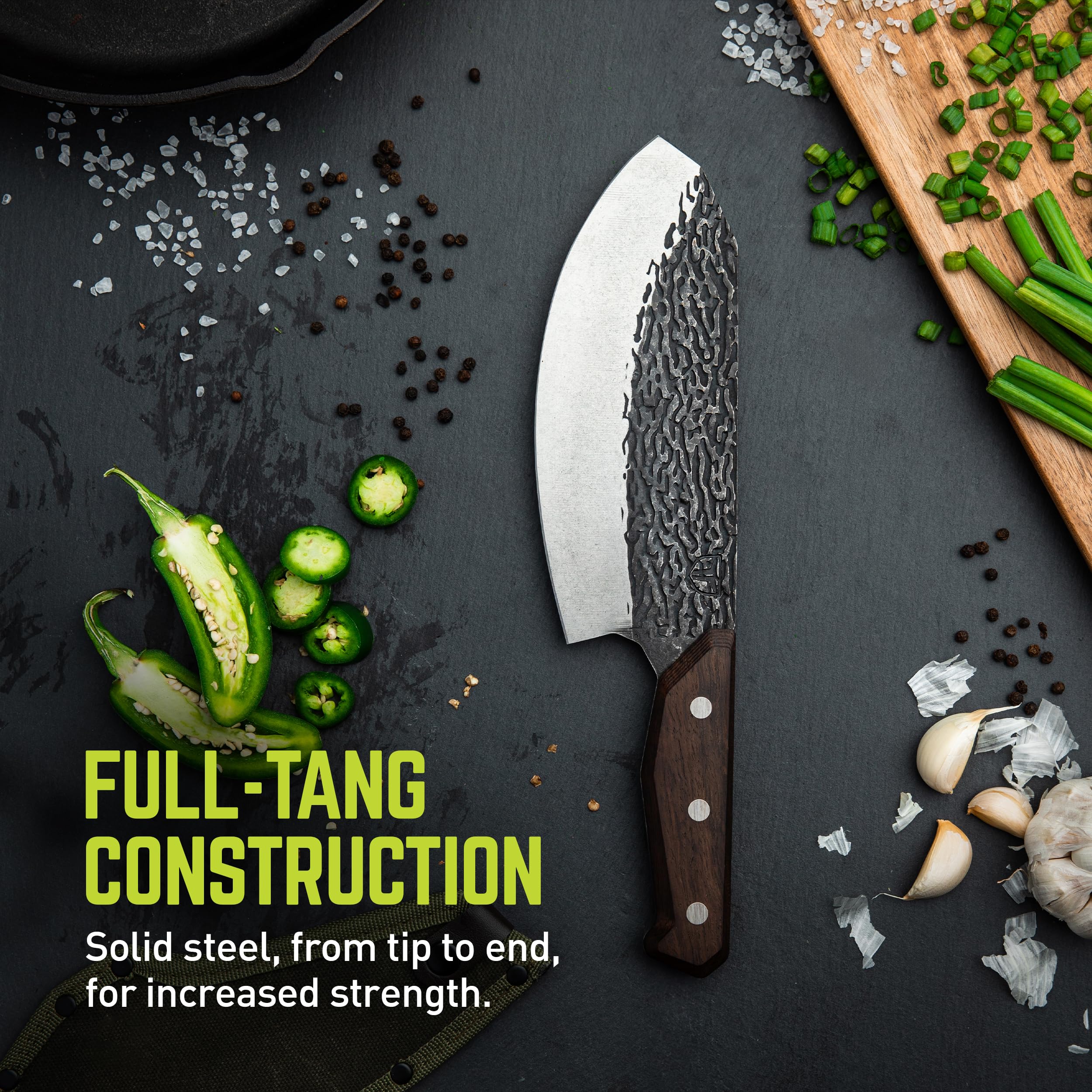 PrimalForge TRUE Butcher Knife | Chop & Mince Aromatics Herbs & Meat, Home & Professional Use, Sharp 5Cr15MoV Stainless Steel Blade, Wood Handle, Water-Resistant, Hand Forged Appearance