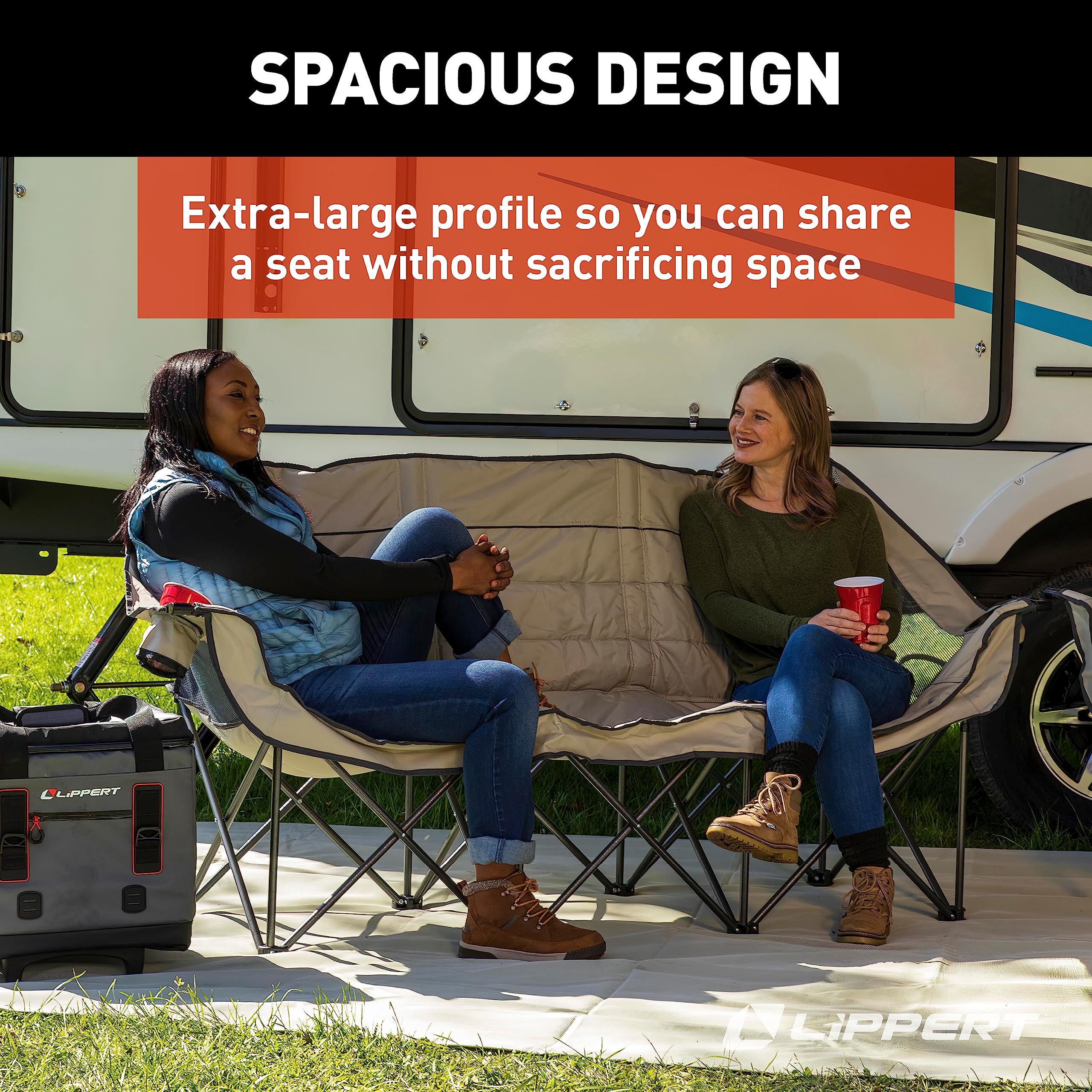 Lippert Folding Campfire Couch - Sand, High-Loft, Foldable Sofa, Dual Cup Holders, Power Coated Steel Frame, Durable 600D Polyester Fabric for Outdoor Use, 500 lb. Capacity, 2022114795