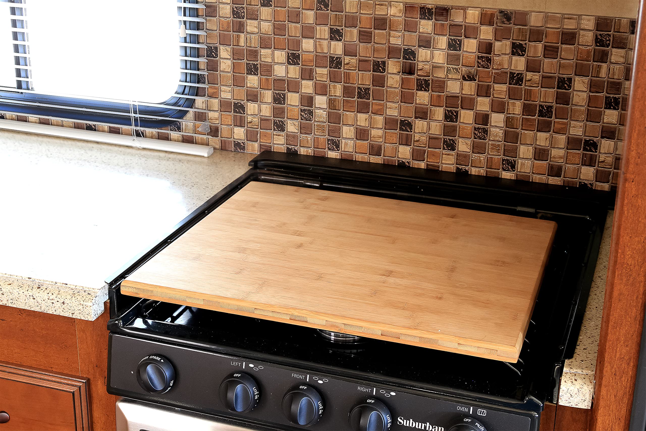 Camco RV Stovetop Cover Silent Top - Features Natural Bamboo Design w/Non-Toxic Protective Finish & 4 Non-Slip Rubber Feet - Fits Most 3 or 4 Burner RV Stoves - Measures 19.5” x 17” x .75” (43571)