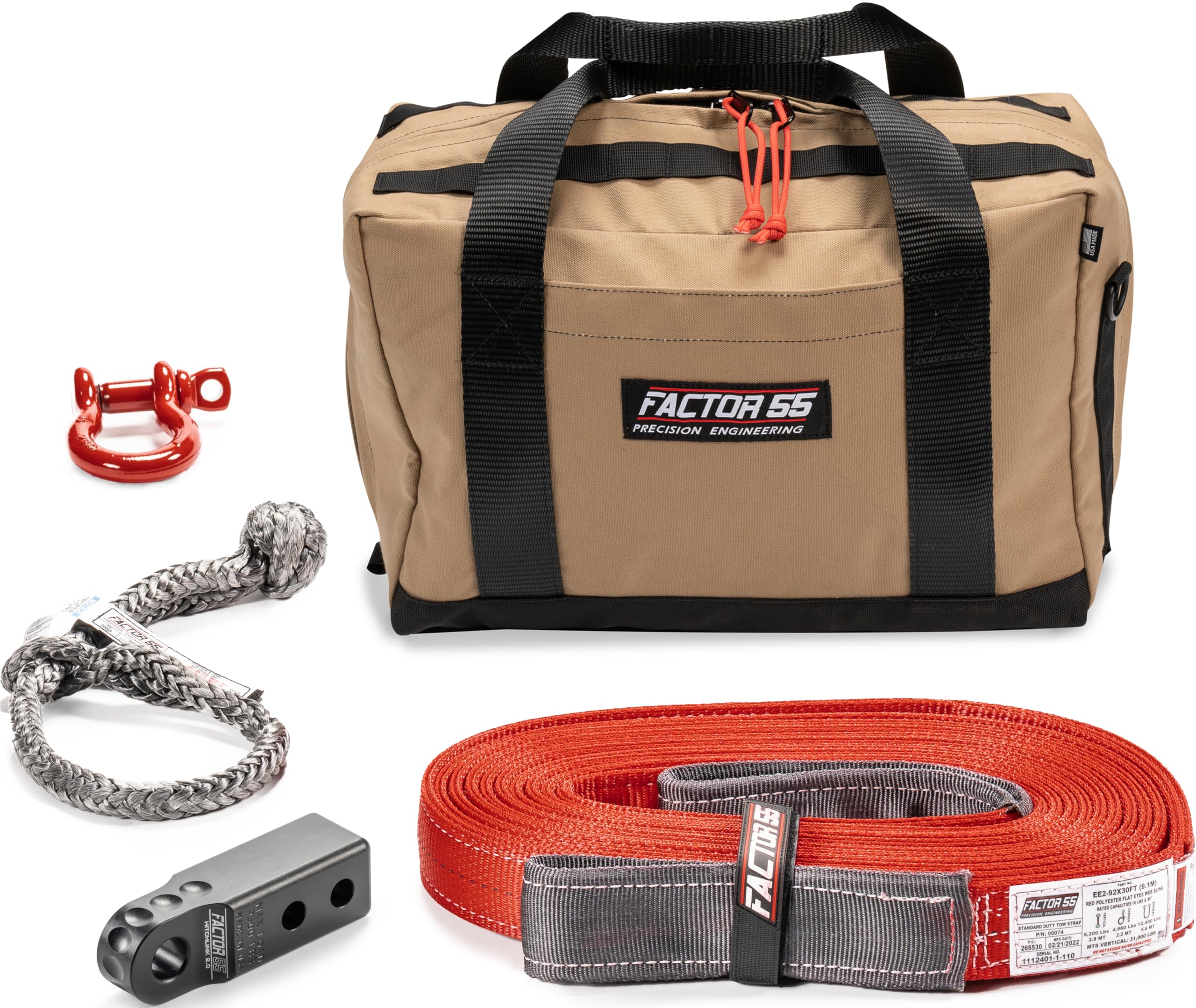 Owyhee Factor 55 Tow and Recovery Kit for Trucks, Jeeps, and SUVs, with Black Hitchlink and Medium Bag