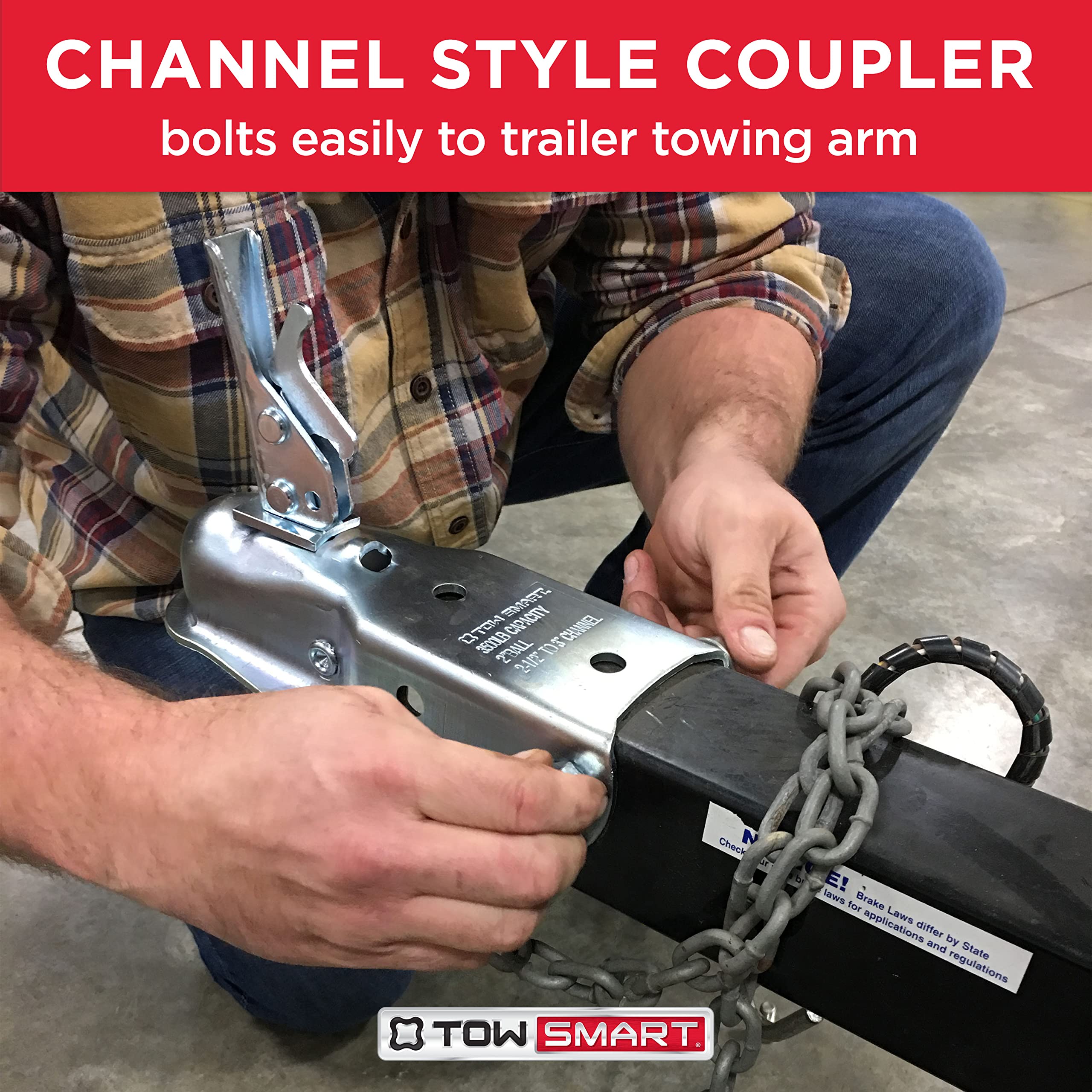 TOWSMART 3,500 lb. Class II, Straight Tongue Trailer Coupler for 2-1/2 in. to 3 in. Channel, 2 in. Hitch Ball, with Adjustable Collars