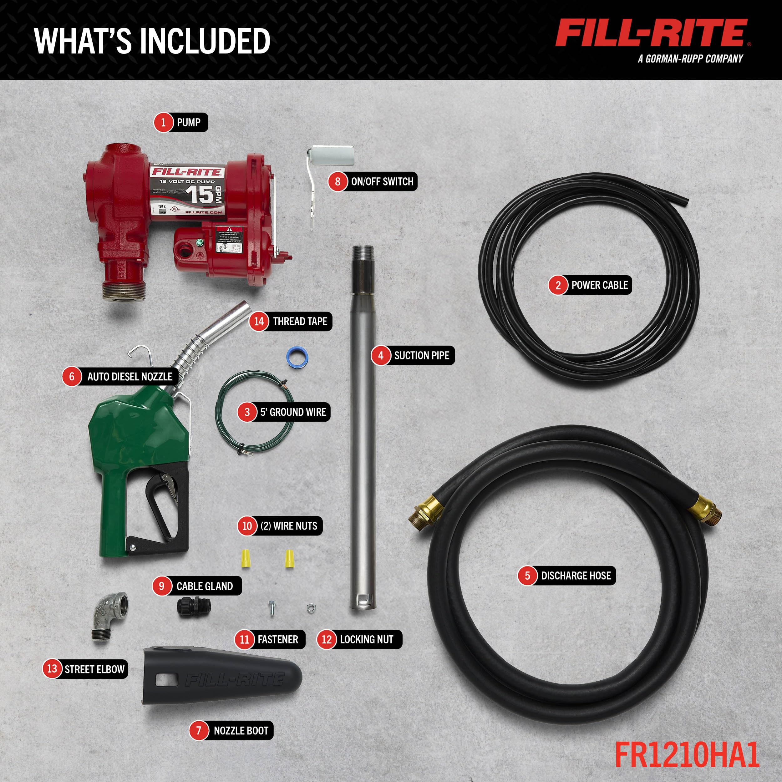 Fill-Rite 12V FR1210HA1 15 GPM Fuel Transfer Pump with Discharge Hose & Automatic Nozzle, Green - Gasoline, Diesel, Kerosene, Ethanol & Methanol Blends & Biodiesel