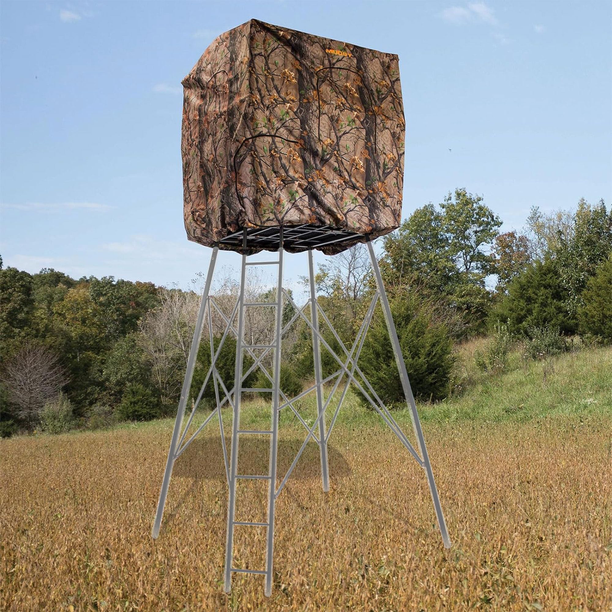 7' Tall MUDDY Quad Pod Steel Hunting Blind Cover with 4 Zippered Windows (Stand Not Included) - Portable Camouflage Shelter and Gear