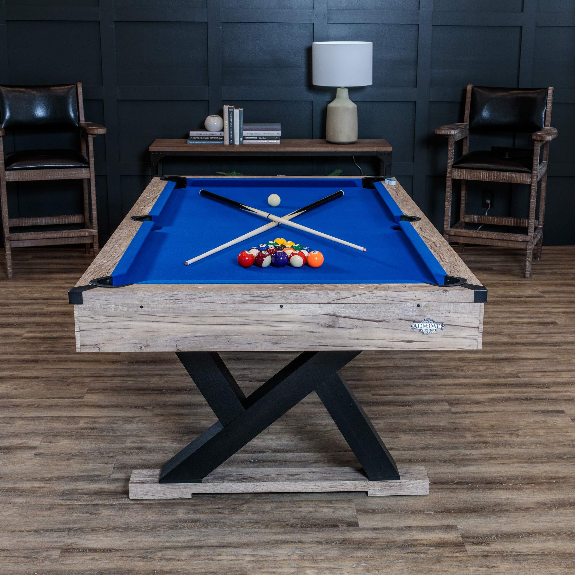 Kirkwood American Legend 84” Billiard Table with Rustic Blond Finish, K-Shaped Legs and Royal Blue Cloth