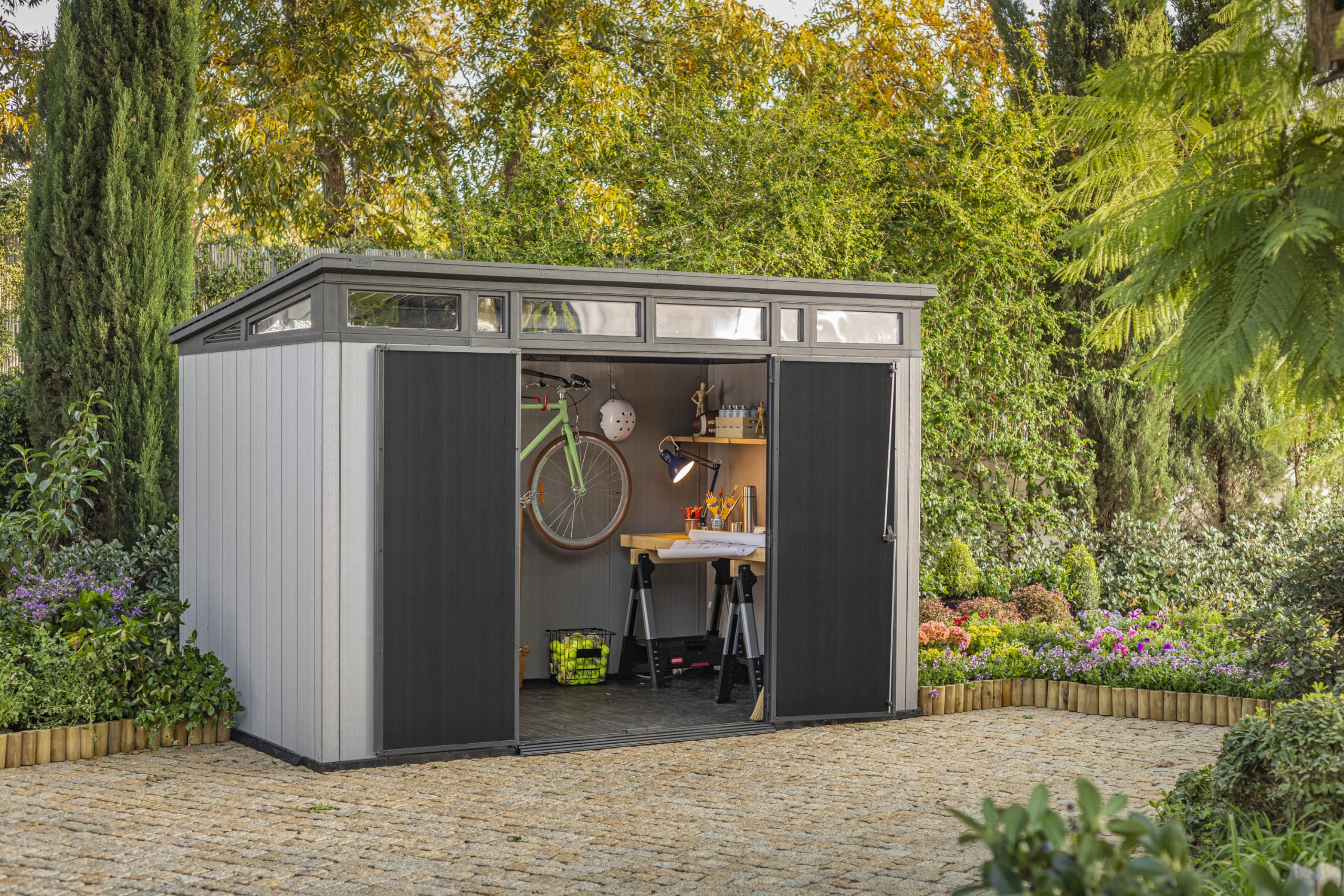 Keter 11x7 Artisan Modern Resin Outdoor Storage Shed Kit-Perfect to Store Patio Furniture, Garden Tools Bike Accessories, Beach Chairs and Lawn Mower, Grey & Black