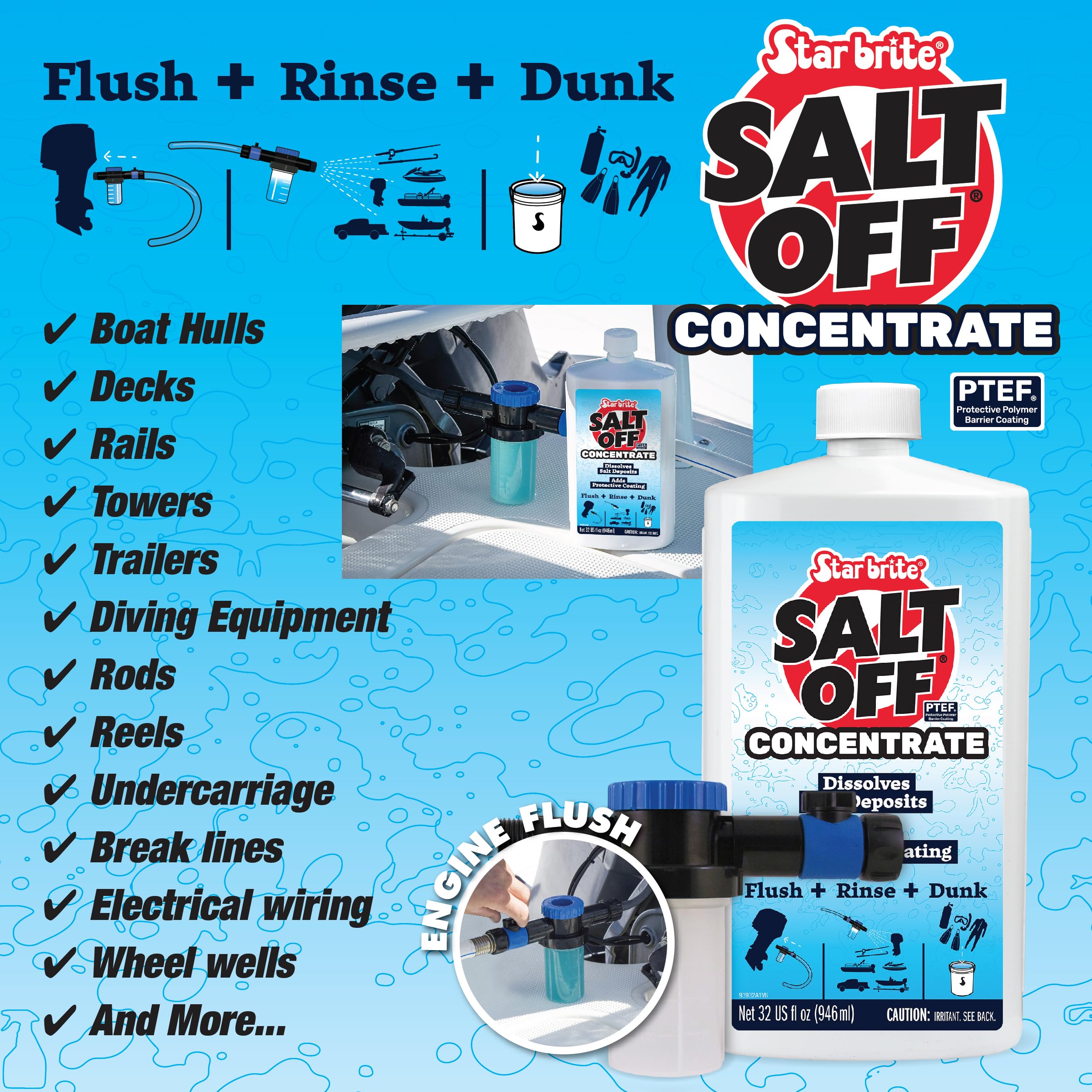 Salt Off Kit STAR BRITE – Applicator & 32 OZ Concentrate for Marine Engine Flush & Salt Removal on Boats, Trailers, Fishing Gear, Dive Equipment, and More