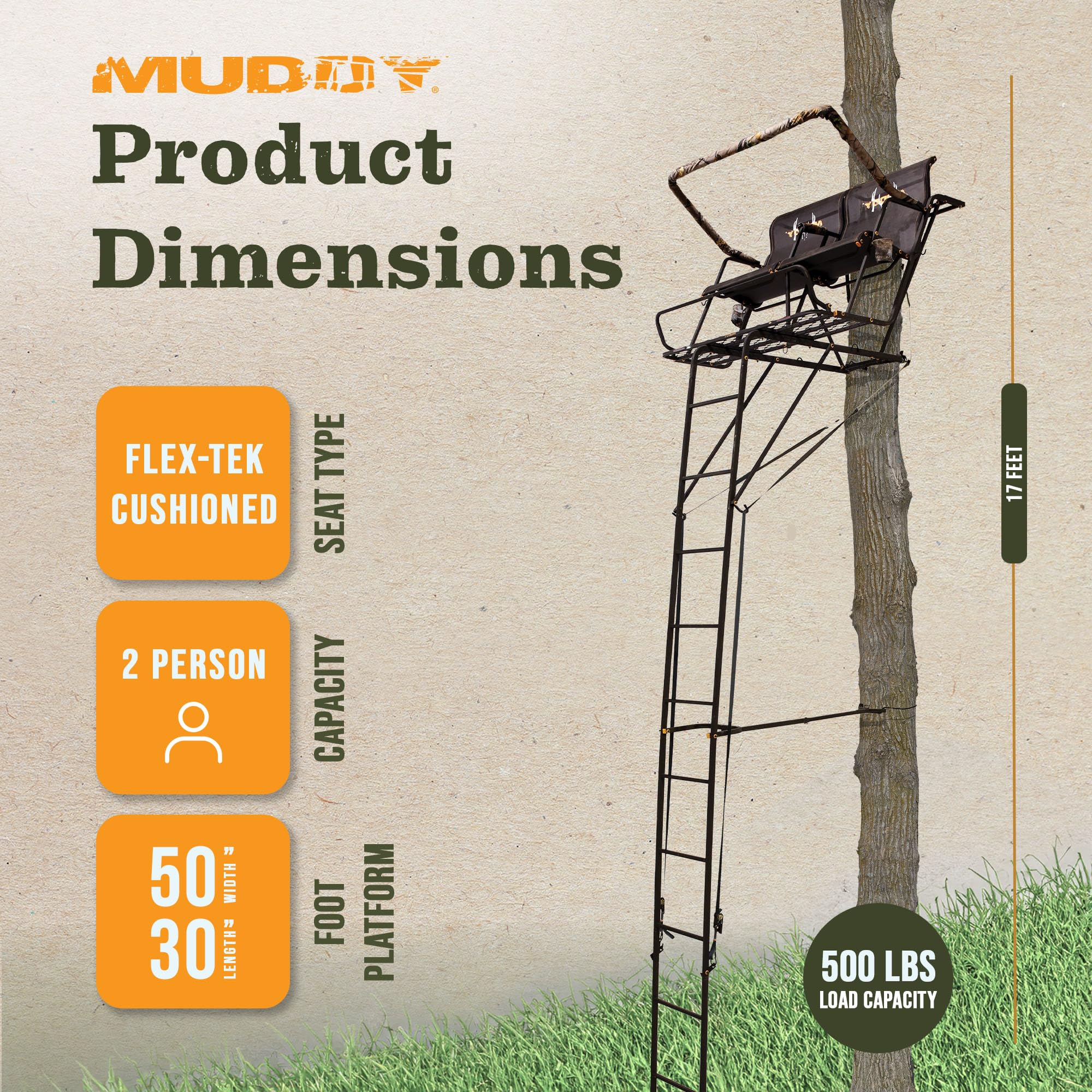 Muddy 2.5 Boss Stronghold Deer Hunting 18 Foot 2 Person Ladderstand Tree Stand with Lumbar Seat and Expanded D Force Metal Platform