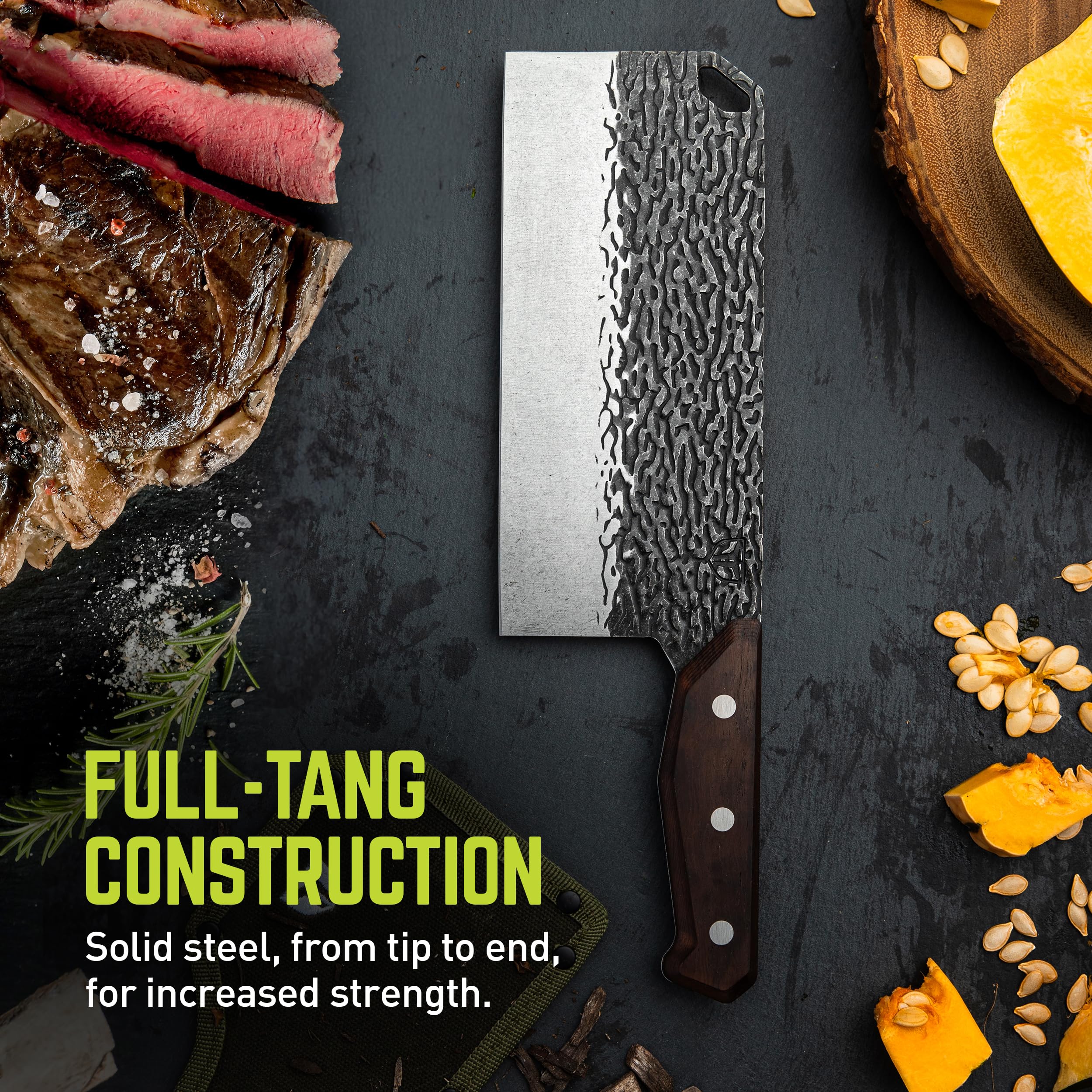 PrimalForge TRUE Cleaver Knife | Cutting Meat, Chopping Fruits & Vegetables, Home & Professional Knife, Rugged Stonewash Finish, Sharp 5Cr15MoV Stainless-Steel, Wood Handle, Hand Forged Appearance