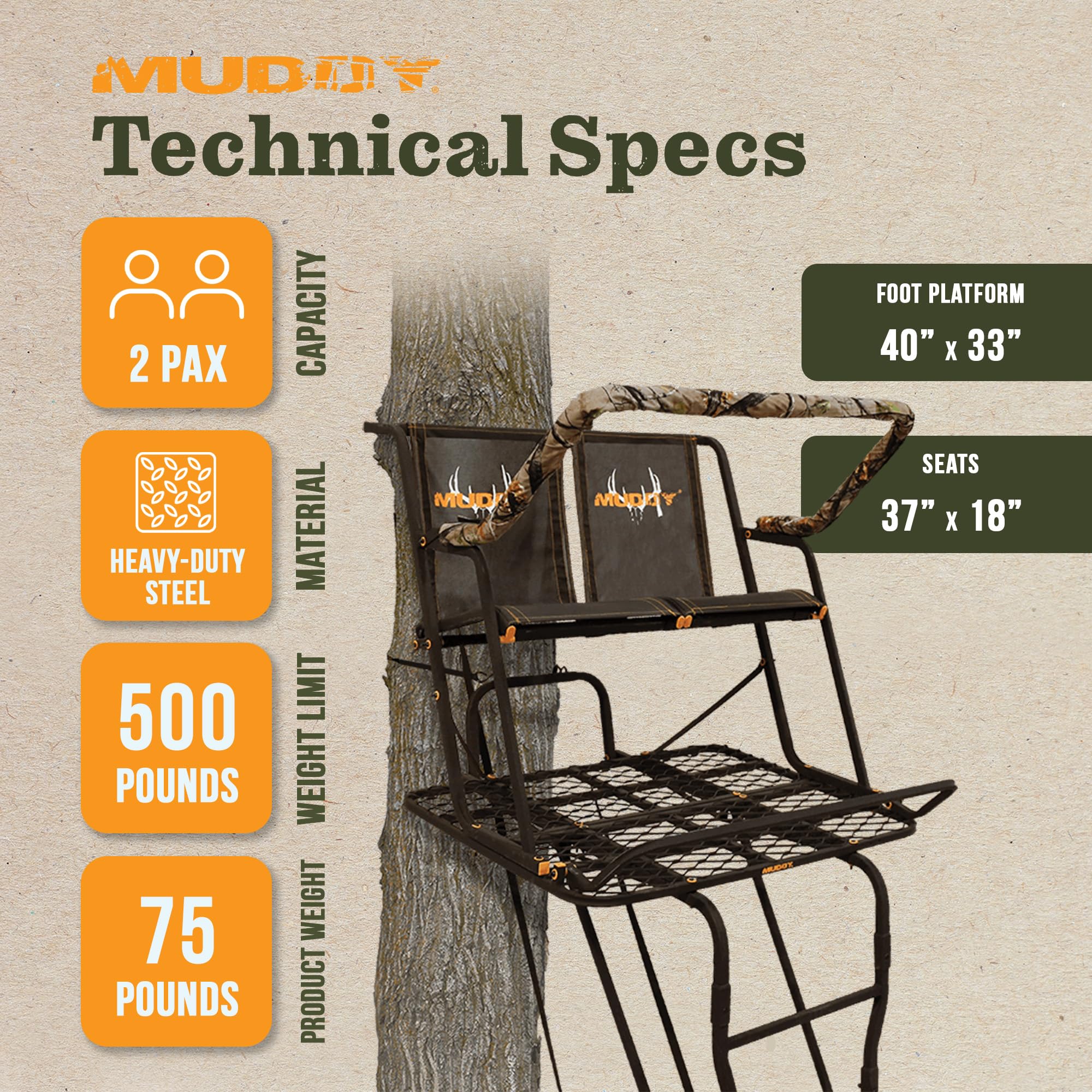 2-Person Muddy Ladder Tree Stand for Deer Hunting, The Partner, 17' Tall, Black - Adjustable Climbing Treestand with Platform, Straps and Safety Harness for Shooting