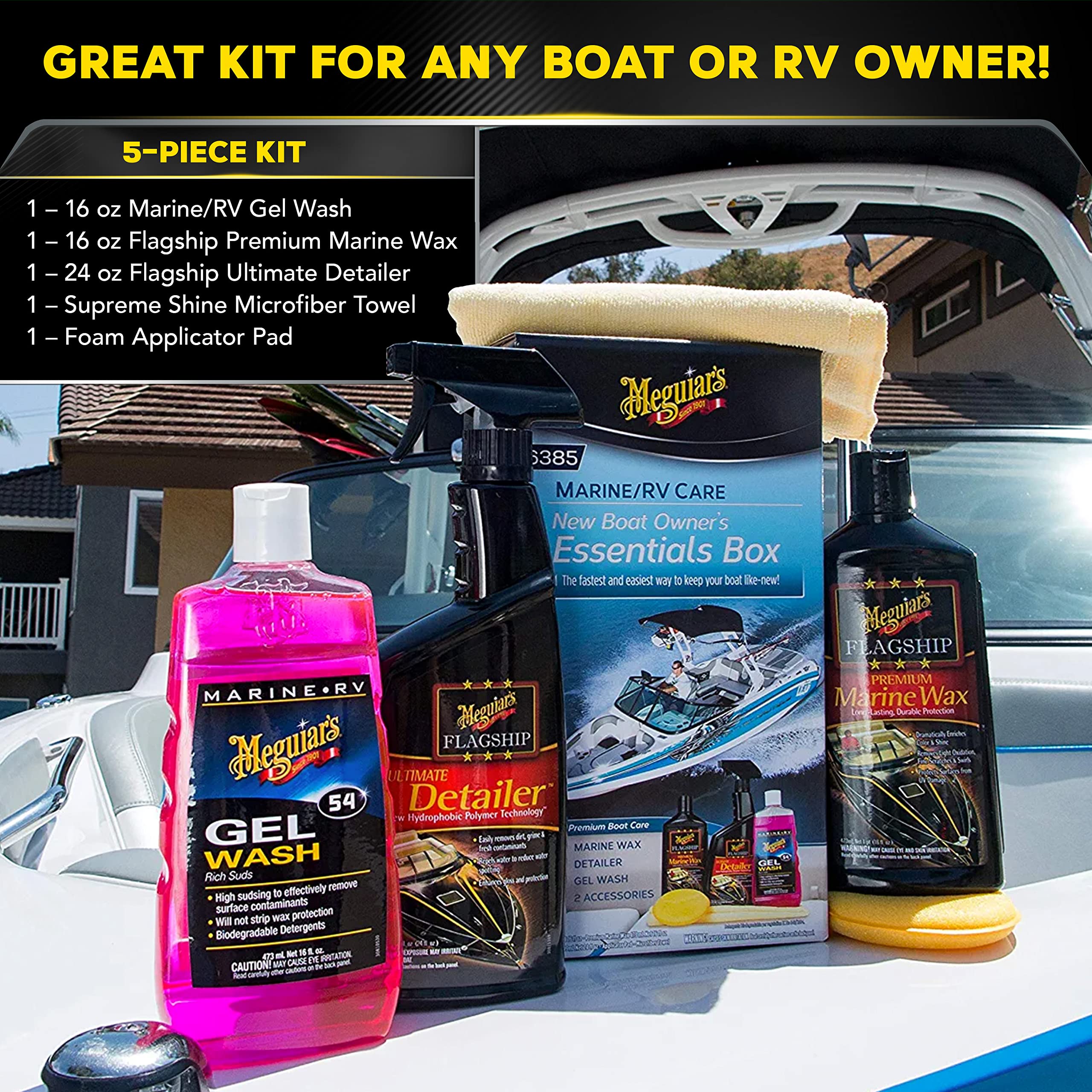 Boat Owner's Essentials Box Meguiar's New - Boat Cleaning Kit With Premium Marine-Grade Products for Your Boat or RV