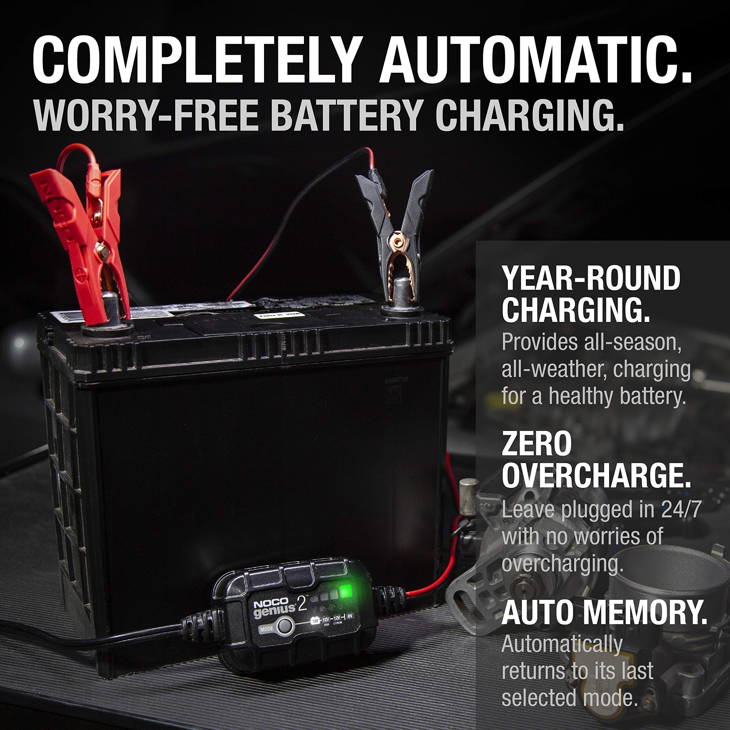 GENIUS2 NOCO: 2A 6V/12V Smart Battery Charger – Automatic Maintainer, Trickle Charger & Desulfator with Overcharge Protection & Temperature Compensation – for Lead-Acid & Lithium Batteries