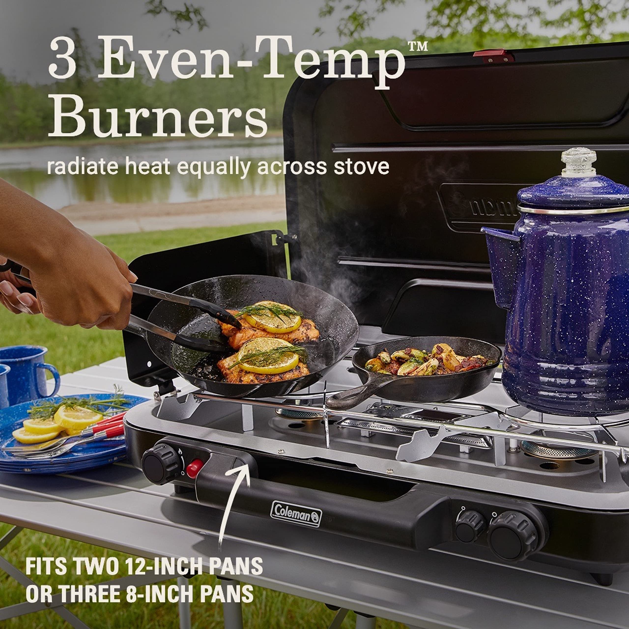 3-Burner Coleman Classic Propane Camping Stove with InstaStart Ignition, Portable Cooktop with 3 Adjustable Burners & 28,000 BTUs of Power