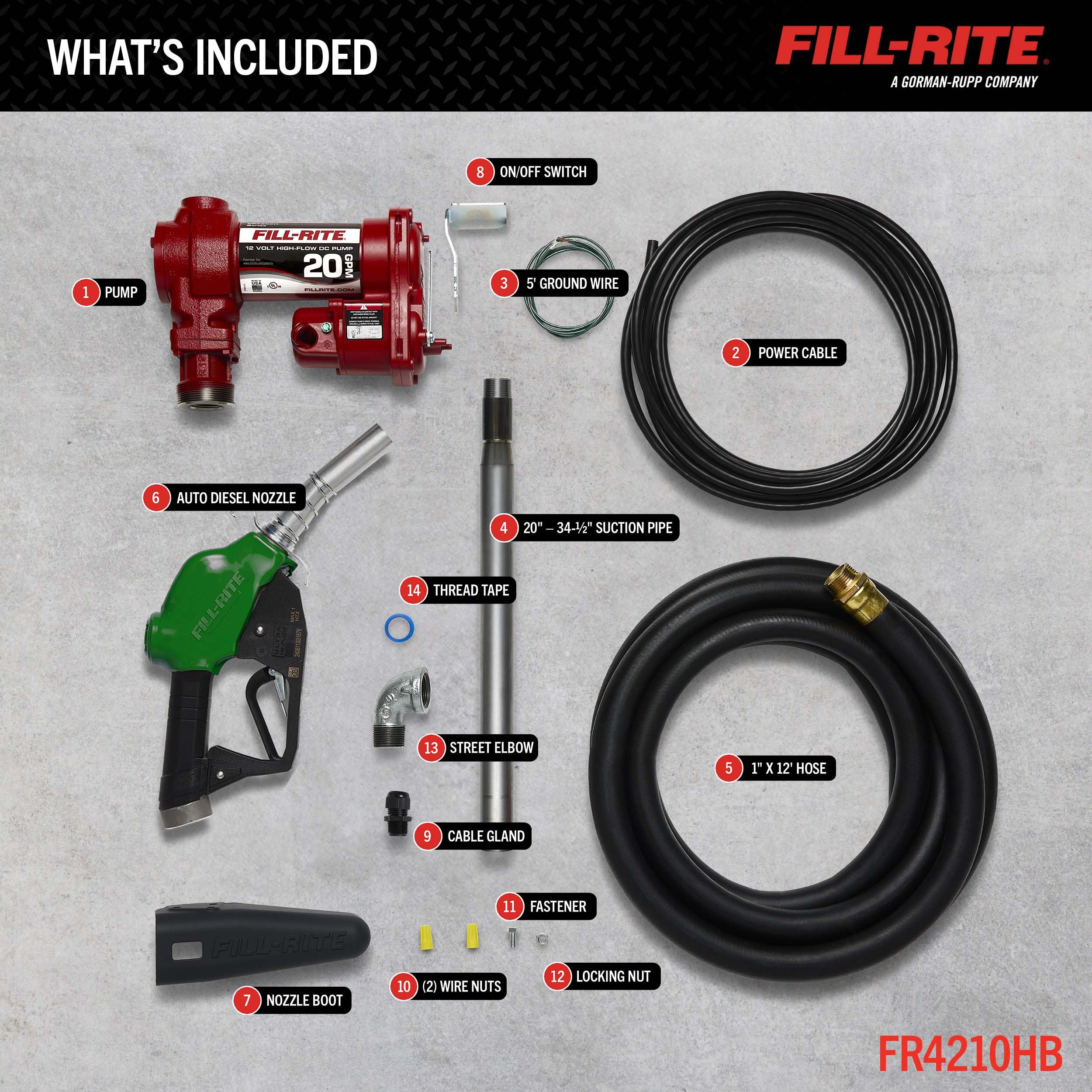 Fill-Rite 12V FR4210HB Fuel Transfer Pump with Discharge Hose & Automatic Nozzle, Red Gasoline, Diesel, Kerosene, Ethanol & Methanol Blends & Biodiesel