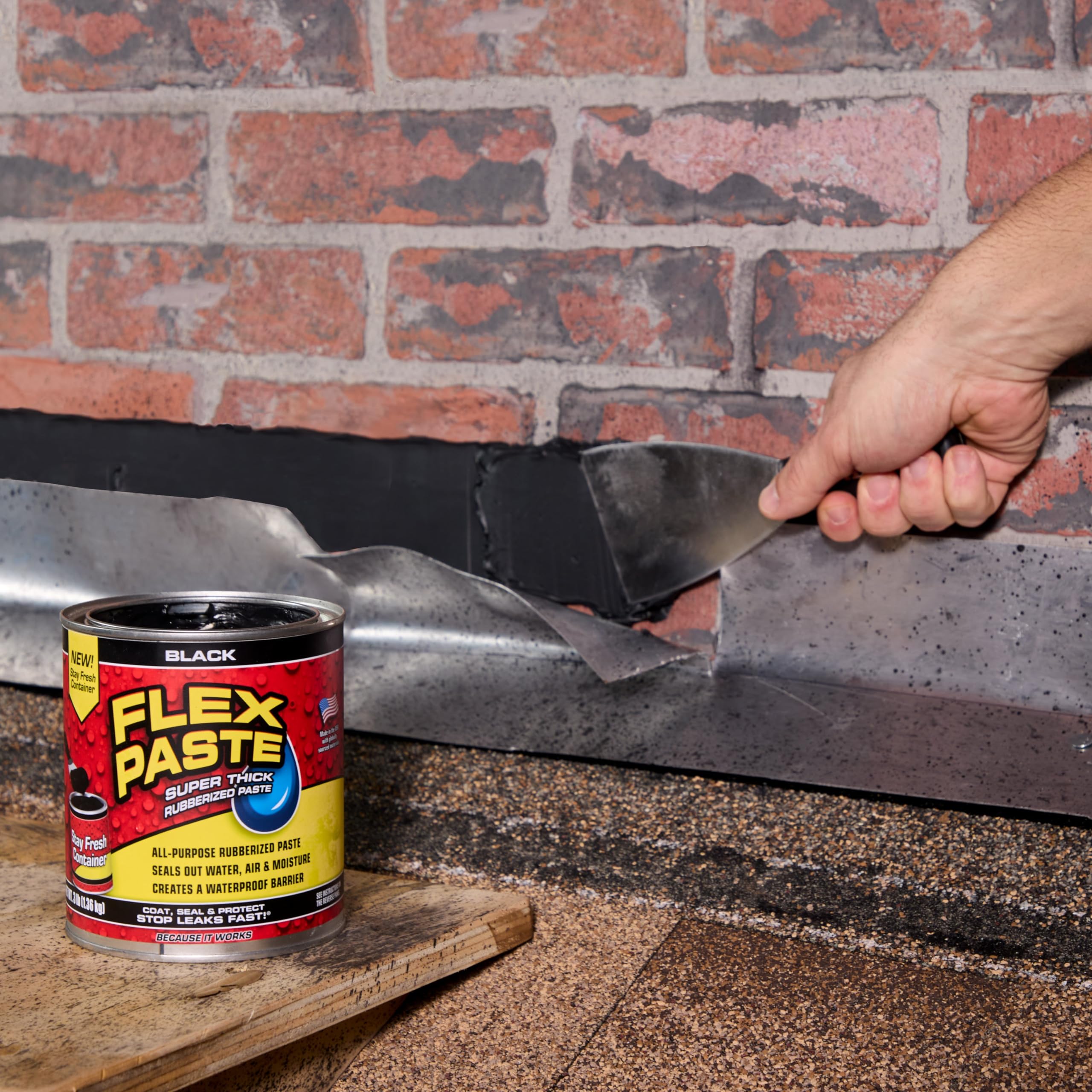 Flex Paste, Paintable Waterproof Putty, Spackle Sealant, Fill Gaps Cracks Holes - Block Out Water and Air - UV Resistant - Walls, Drywall, EPDM, Concrete, Roof, RV Repairs, Black, Quart