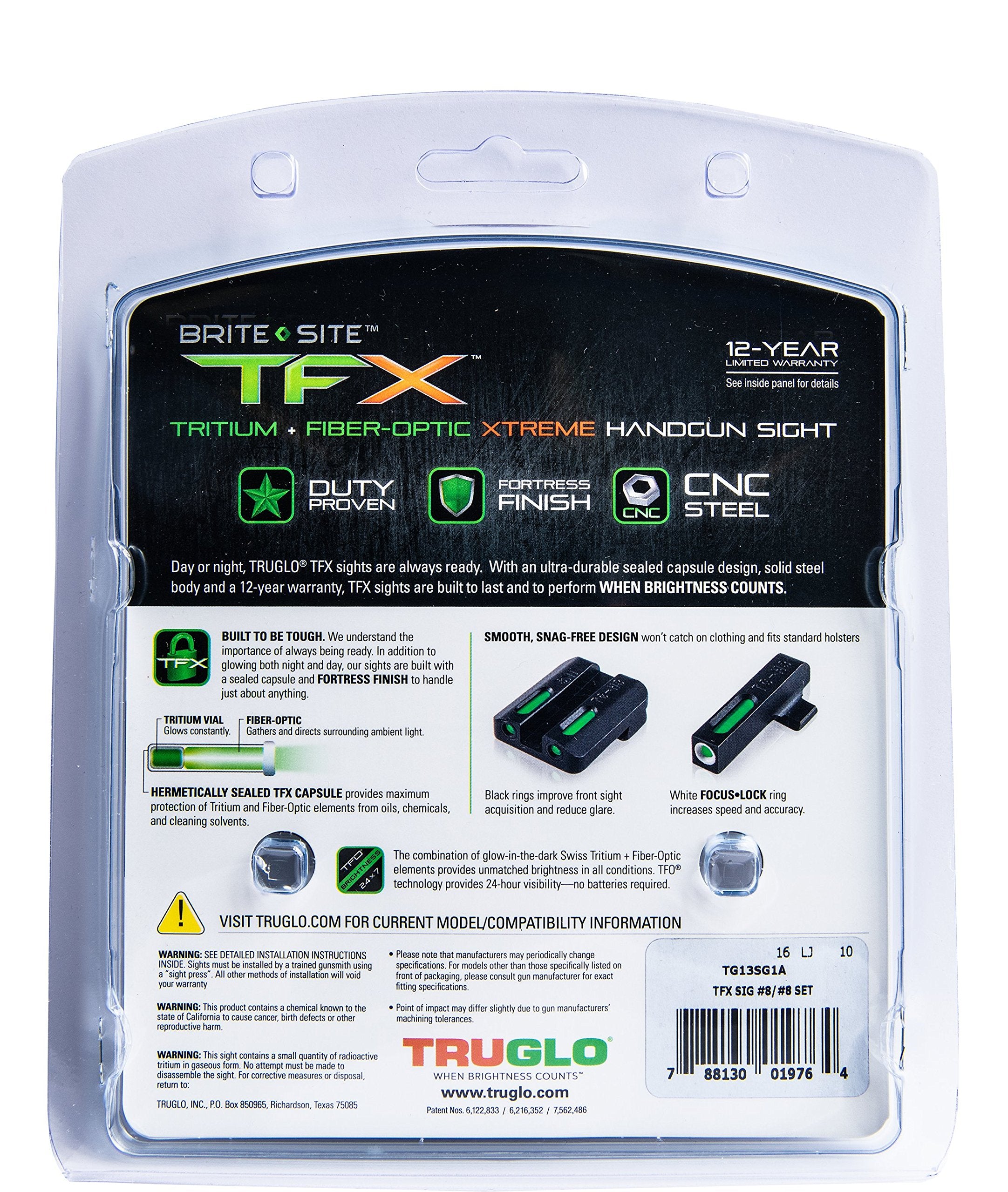 TRUGLO TFX Sight Handgun | Durable Shock-Resistant Compact Brightly Glowing Tritium & Fiber-Optic Xtreme Day/Night, Compatible with Sig Sauer #8/#8 Handguns