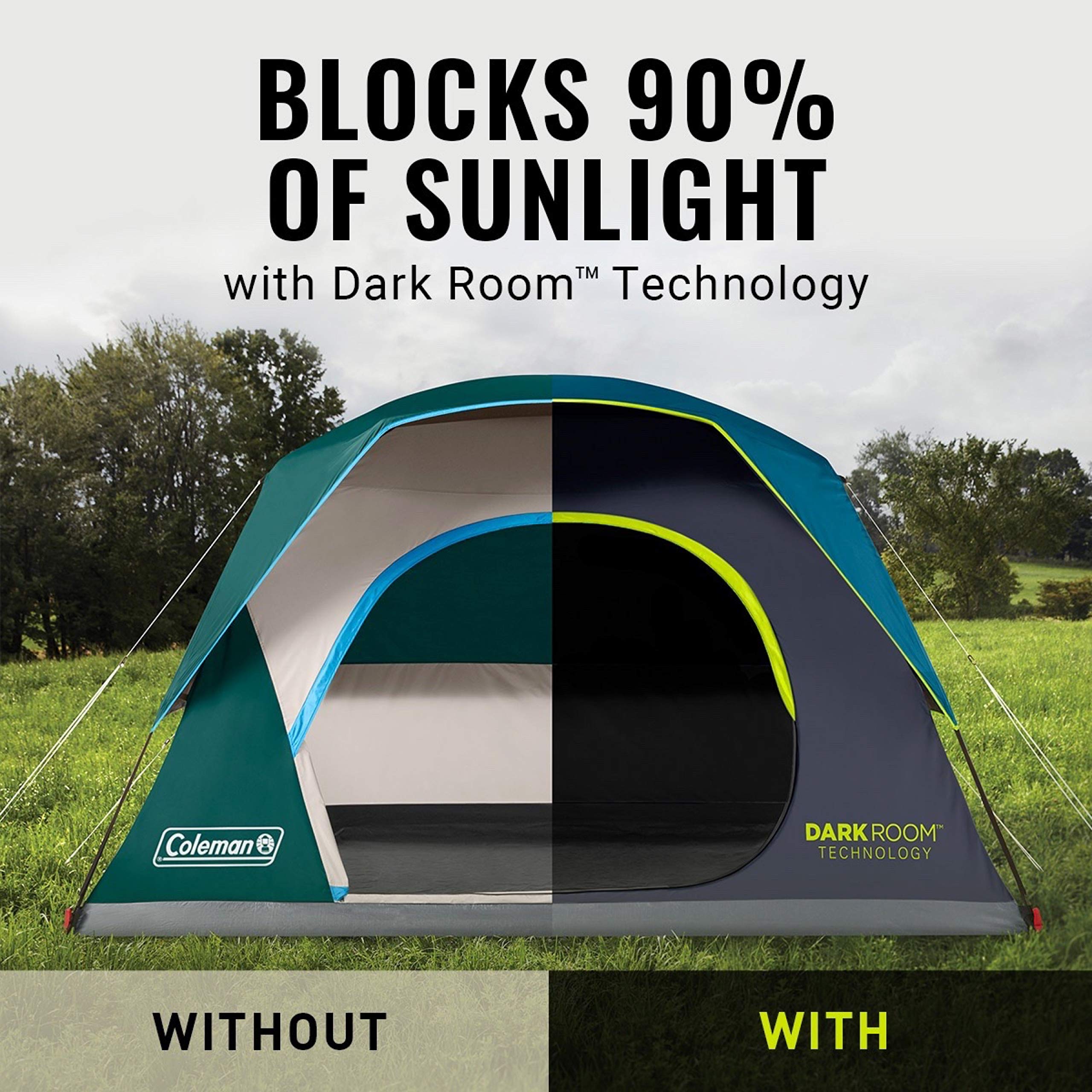 Coleman Skydome 6-Person Dark Room Tent with Rainfly, 5 Minute Setup, Blocks 90% of Sunlight, 20% More Headroom Than Traditional Tents
