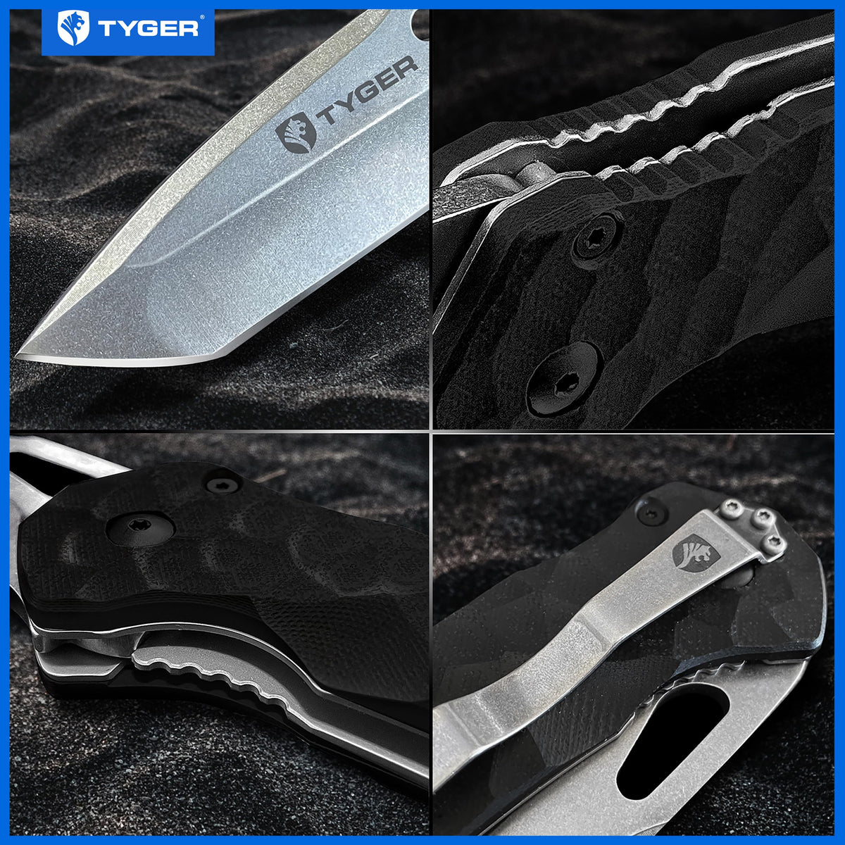 K4 Tyger EDC Folding Pocket Knife | Stone-washed AUS-8 Steel Blade | Black G-10 Handle | TG-KF7A2837