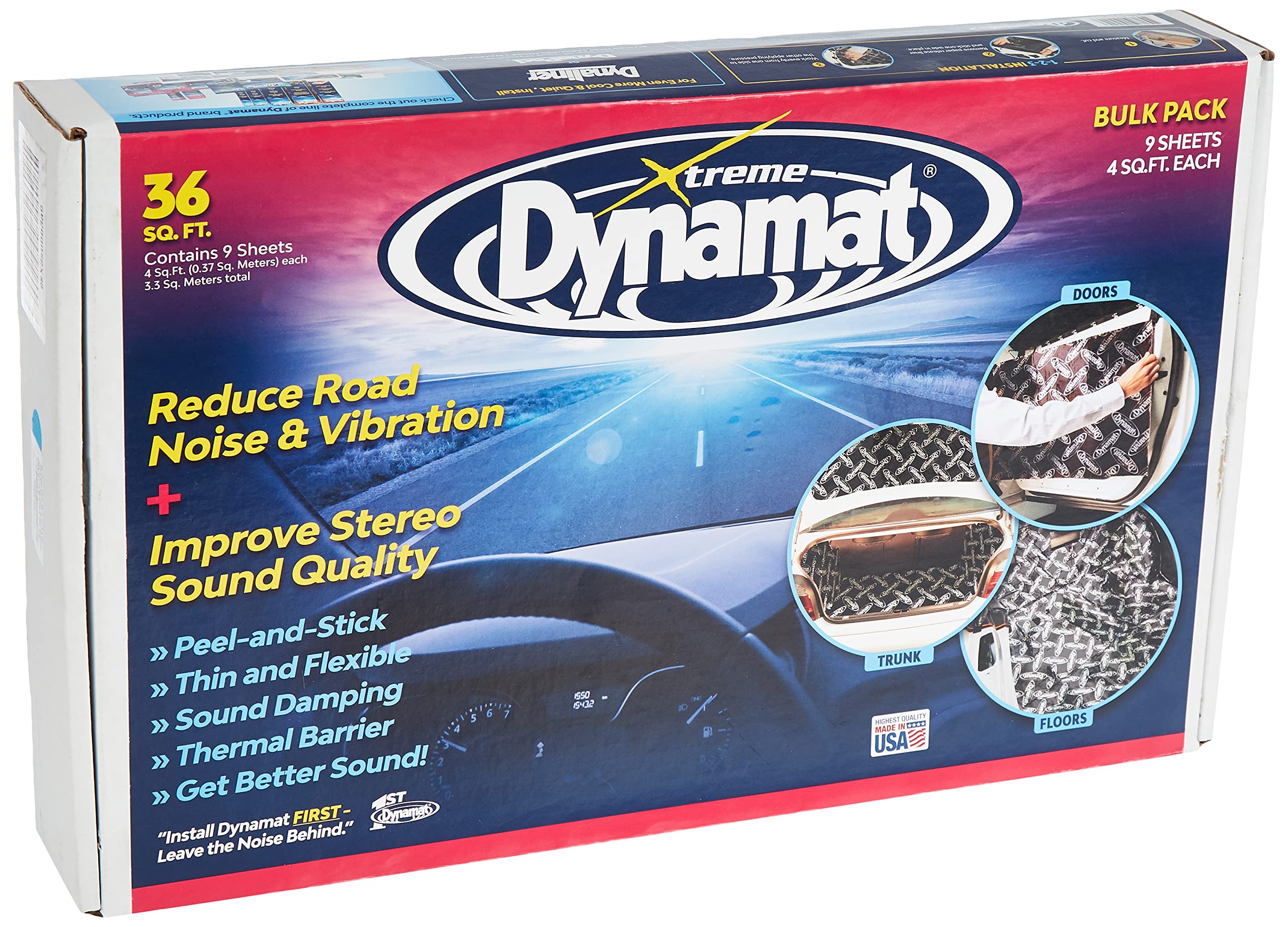 Dynamat Xtreme Car Insulation Sound Deadening Bulk Pack 10455 – Noise Dampening for Floor, Doors, Panels, Hood or Trunk – Easy Self Adhesive Install – Made in USA – 9 Sheets 18”x32”, 36 sq ft total