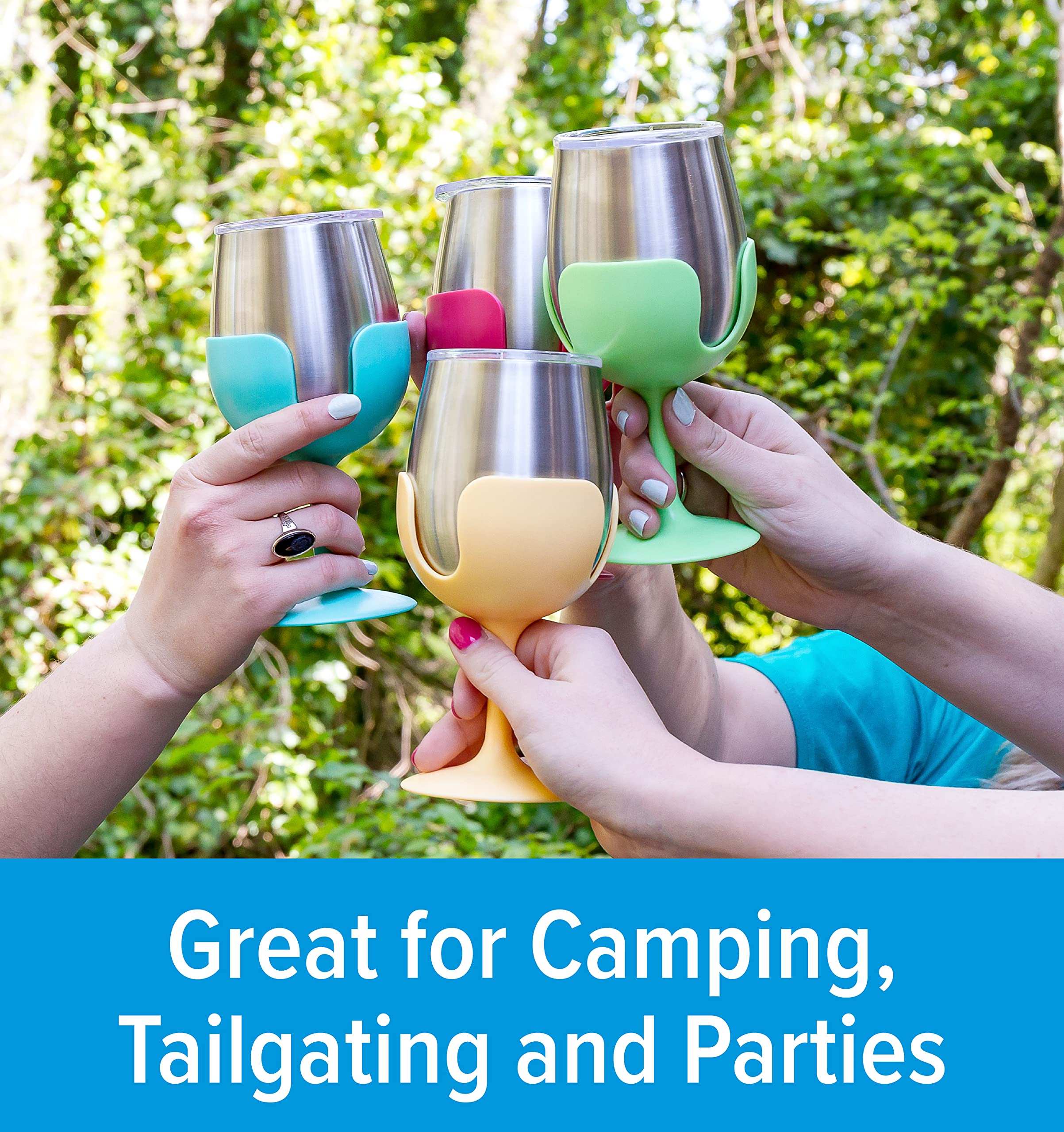 Camco Wine Tumbler Life is Better at The Campsite | Heavy Duty Double Wall Vacuum Insulation | Crafted of 18/8 Stainless Steel | Removable Green, Yellow, Blue & Pink Stems | 4-Pk, 8-oz/Each (53068)